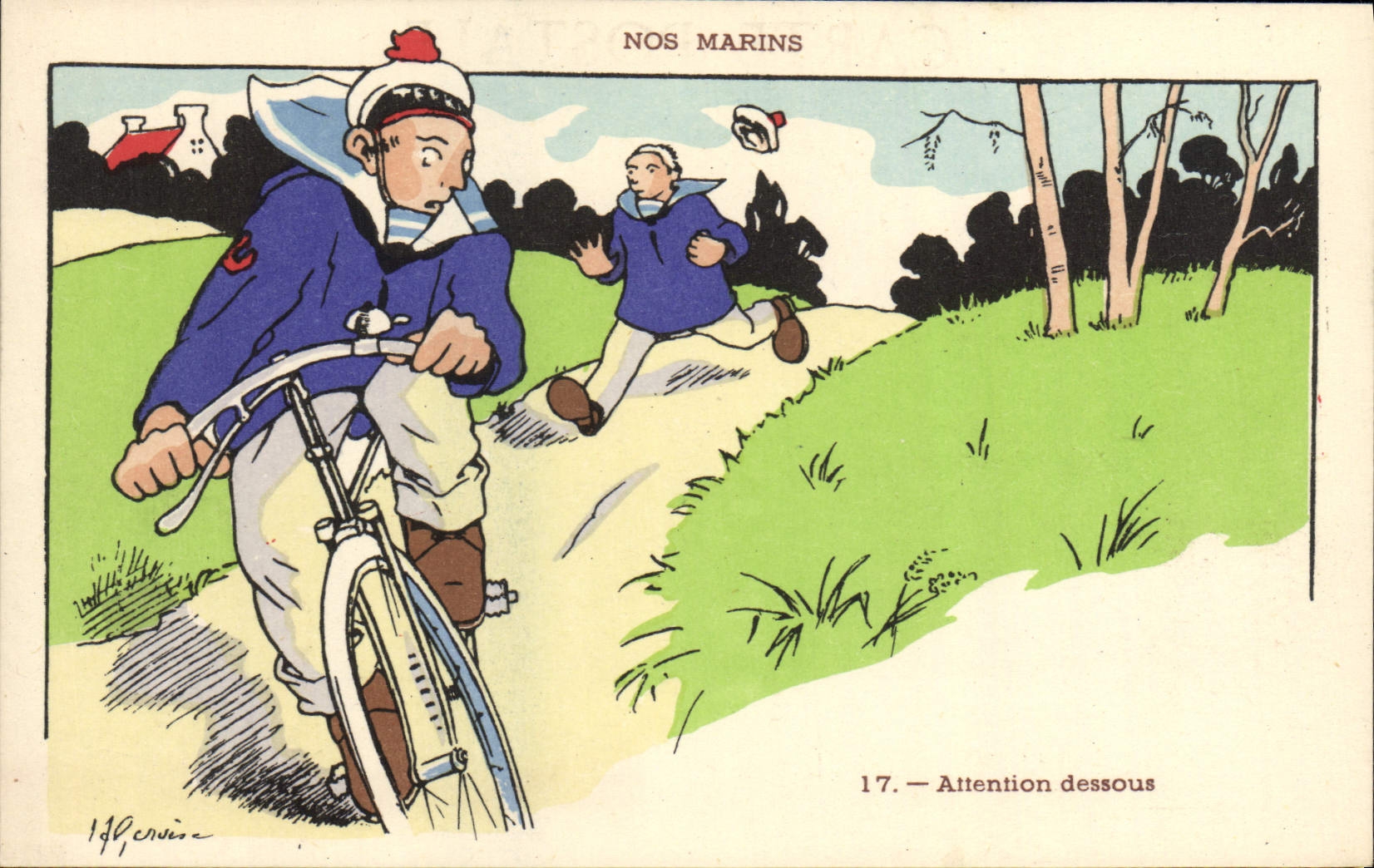CPA Illustrateur Gervese Nos marins Attention dessous velo Cycle Cylisme