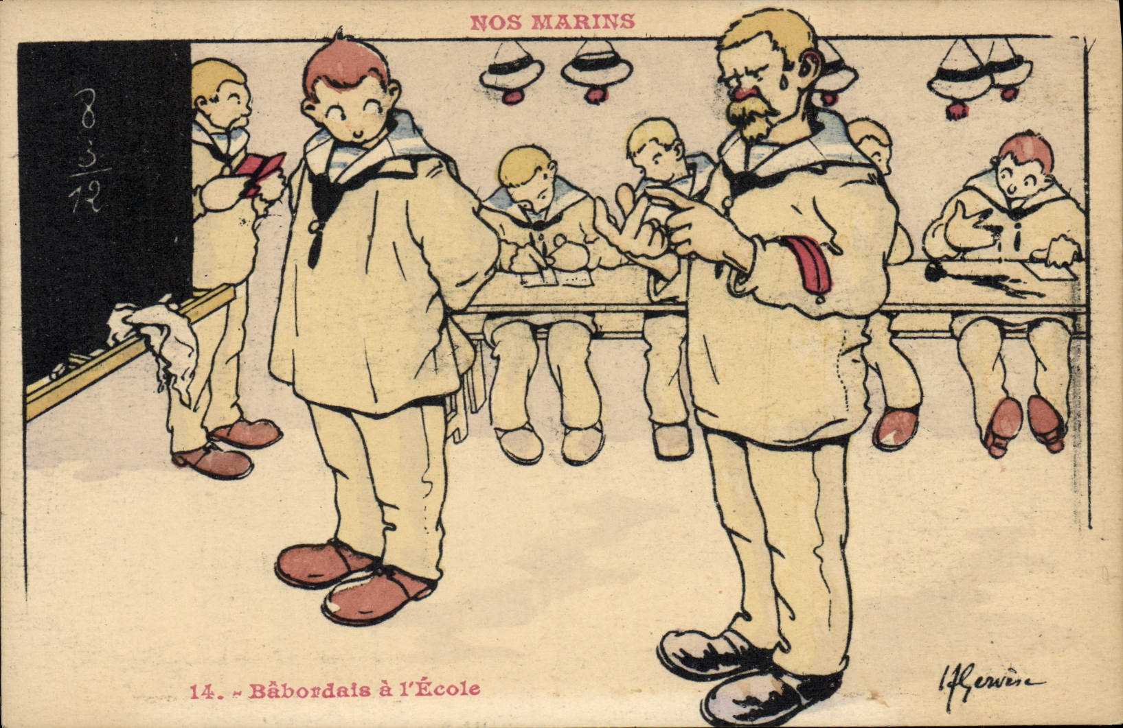 Ilustrador de Gervese de la POSTAL de la VENDIMIA nuestros marineros de Babordais en la escuela