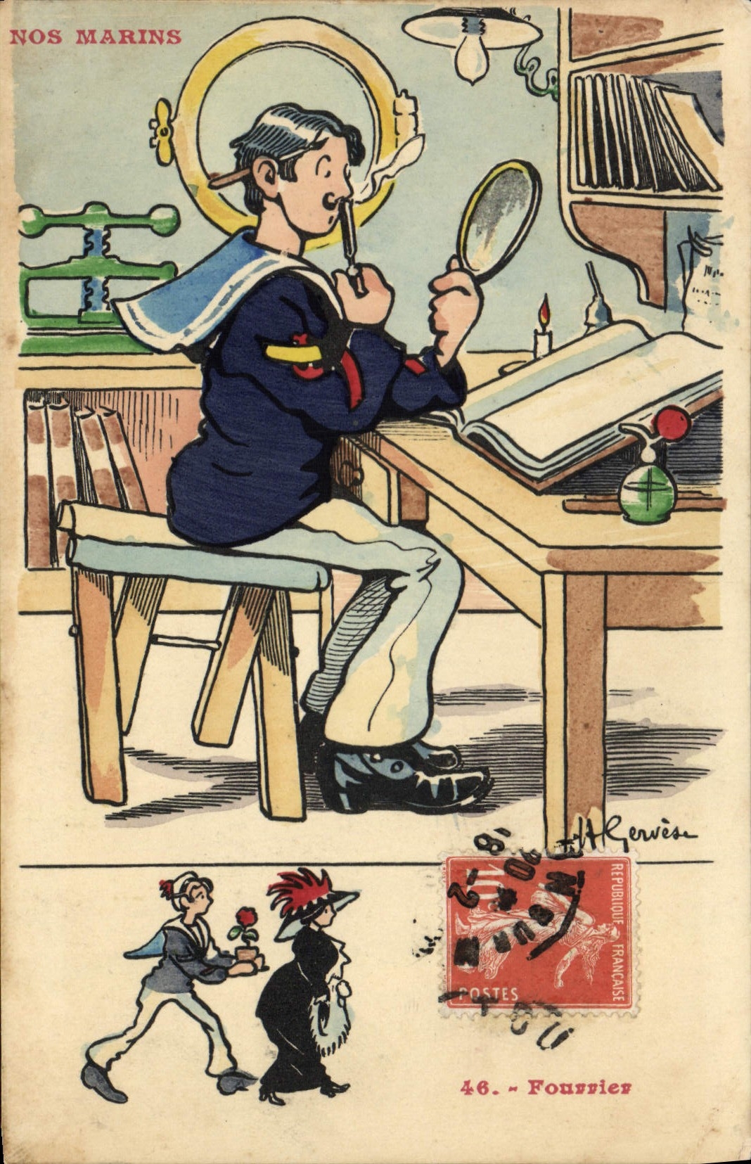 Ilustrador de Gervese de la POSTAL de la VENDIMIA nuestro bigote del peletero de los marineros