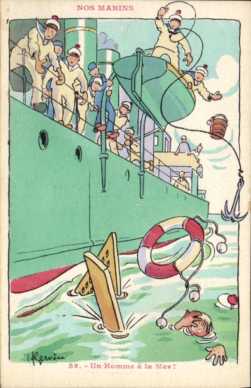 Ilustrador de Gervese de la POSTAL de la VENDIMIA nuestros marineros un hombre con el mar