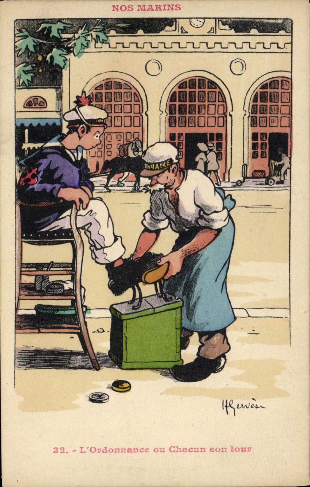 Ilustrador de Gervese de la POSTAL de la VENDIMIA nuestros marineros la ordenanza o cada una el suyo shoeshiner de la vuelta de zapatos
