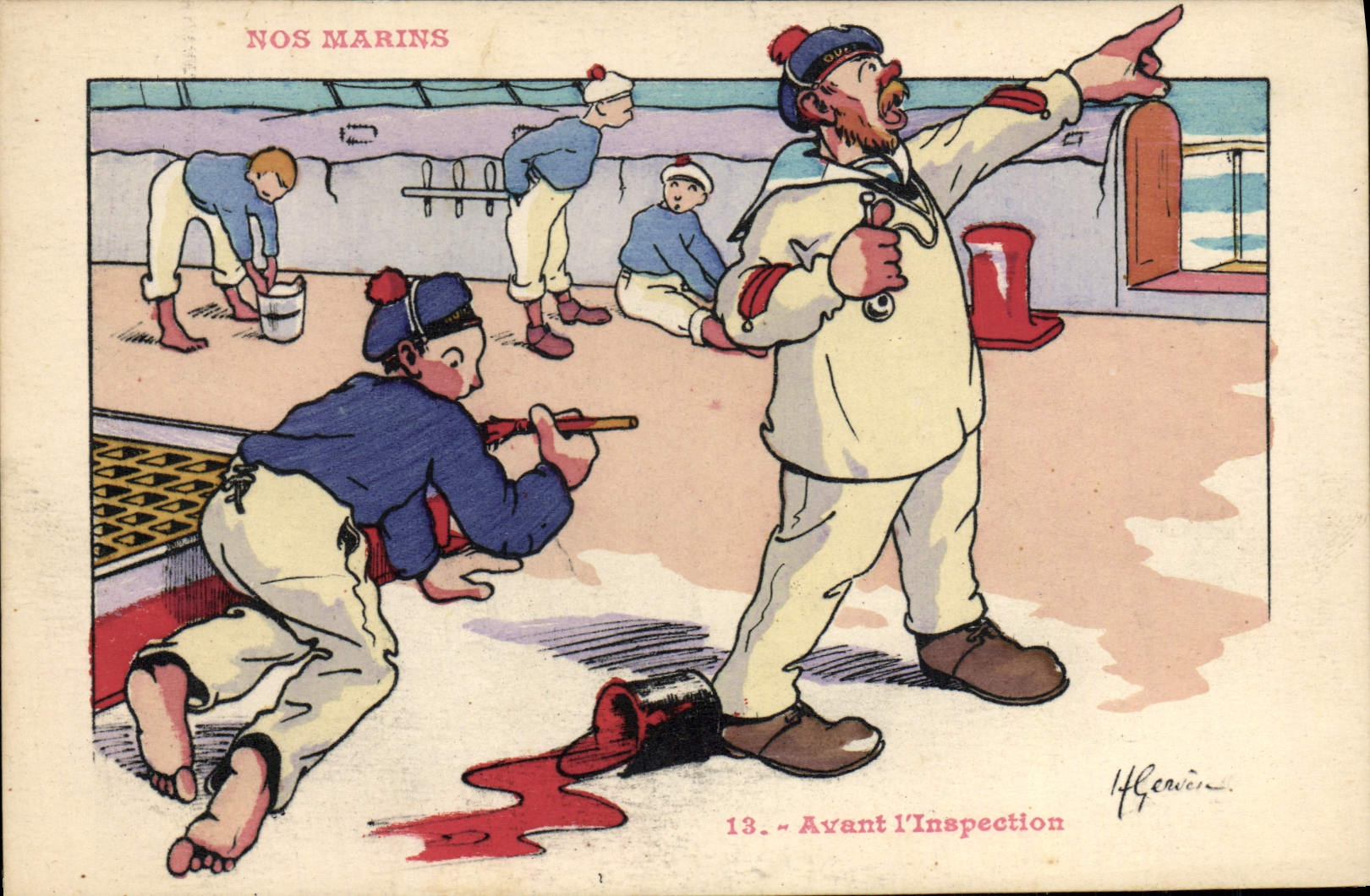 CPA Illustrateur Gervese Nos marins Avant l'inspection