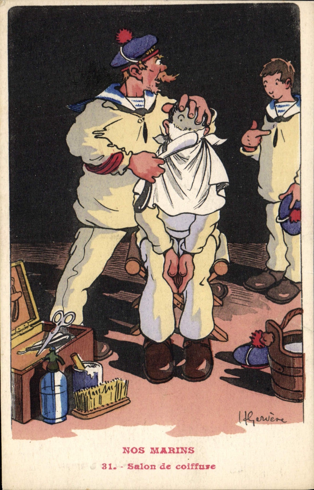 Ilustrador de Gervese de la POSTAL de la VENDIMIA nuestro peluquero del salón de la peluquería de los marineros