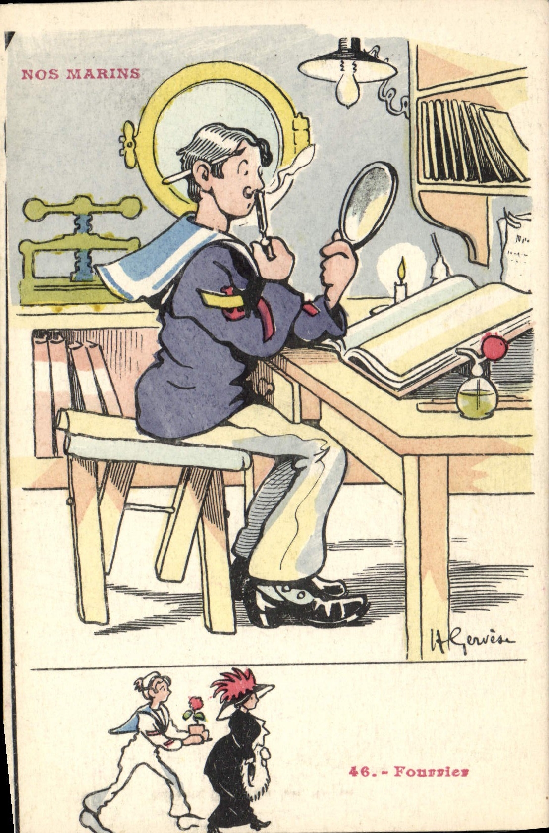 Ilustrador de Gervese de la POSTAL de la VENDIMIA nuestro peletero de los marineros