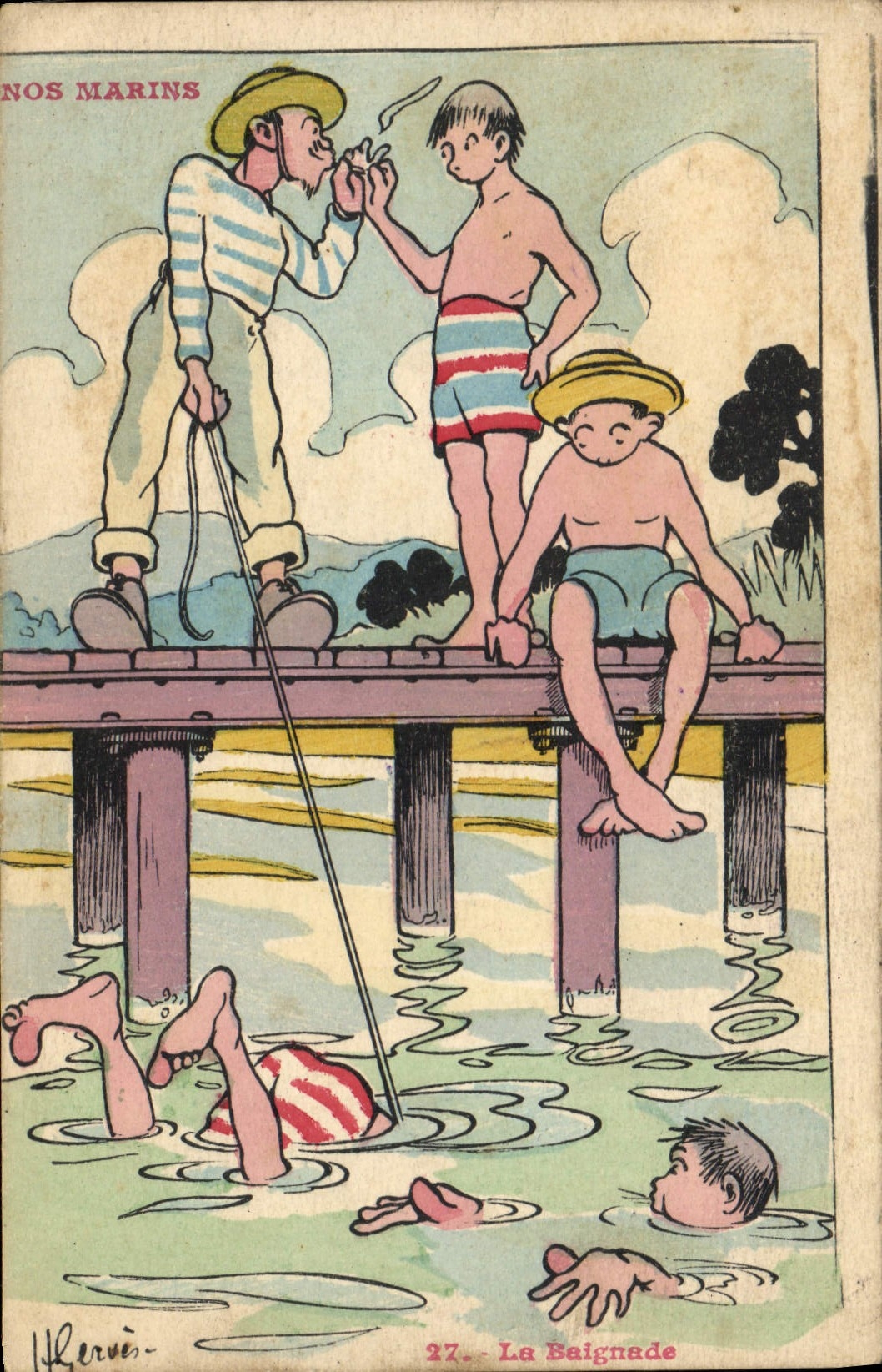 Ilustrador de Gervese de la POSTAL de la VENDIMIA nuestros marineros el baño