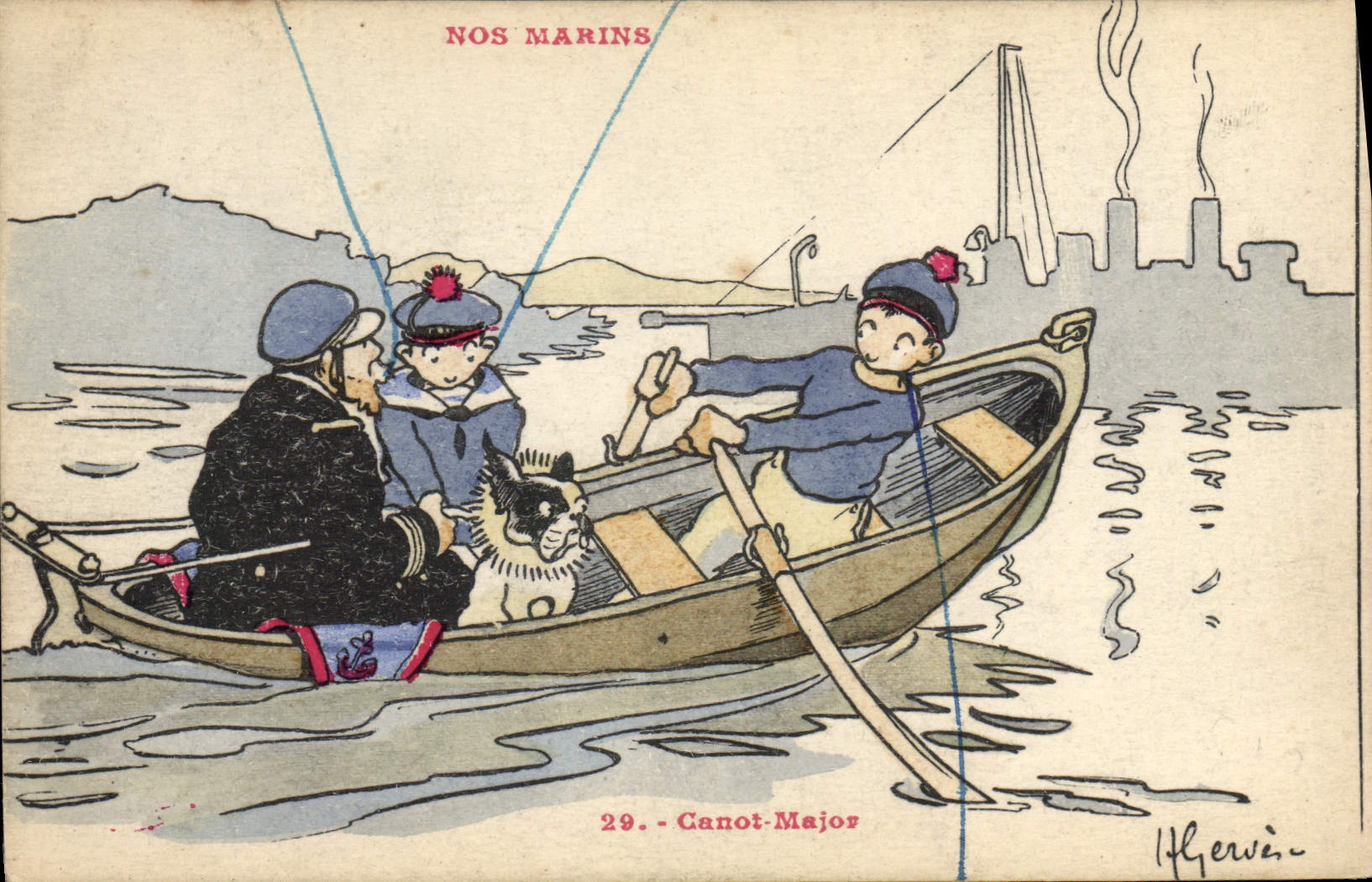 CPA Illustrateur Gervese Nos marins Canot major Chien Bouledogue
