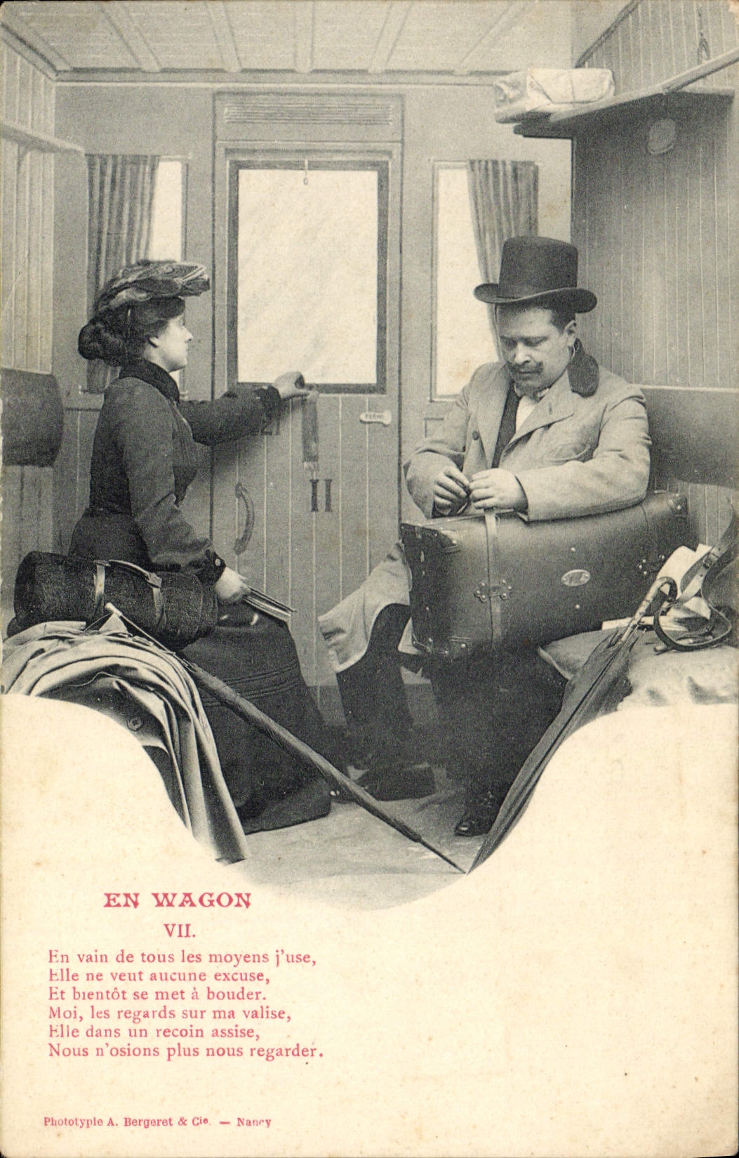 VINTAGE POSTCARD Train in the coach Woman