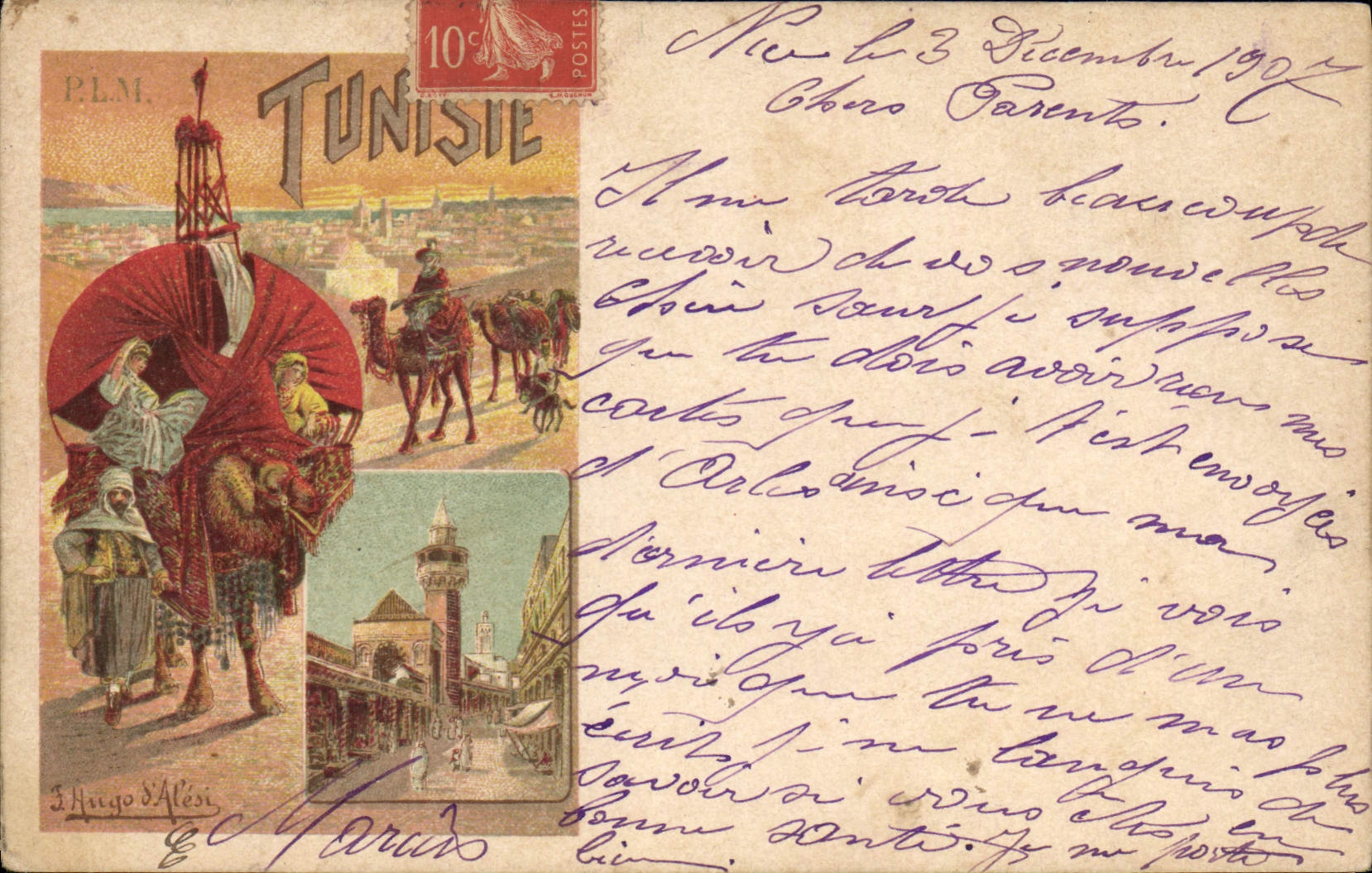 VINTAGE POSTCARD Train Camel Tunisia Hugo d' Alesie