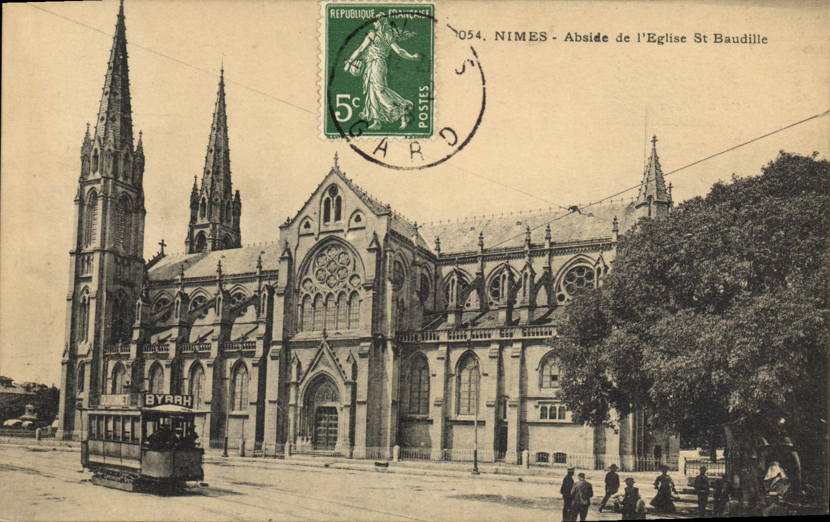 VINTAGE POSTCARD Tram Train Nimes Apse of the church St Baudille Byrrh