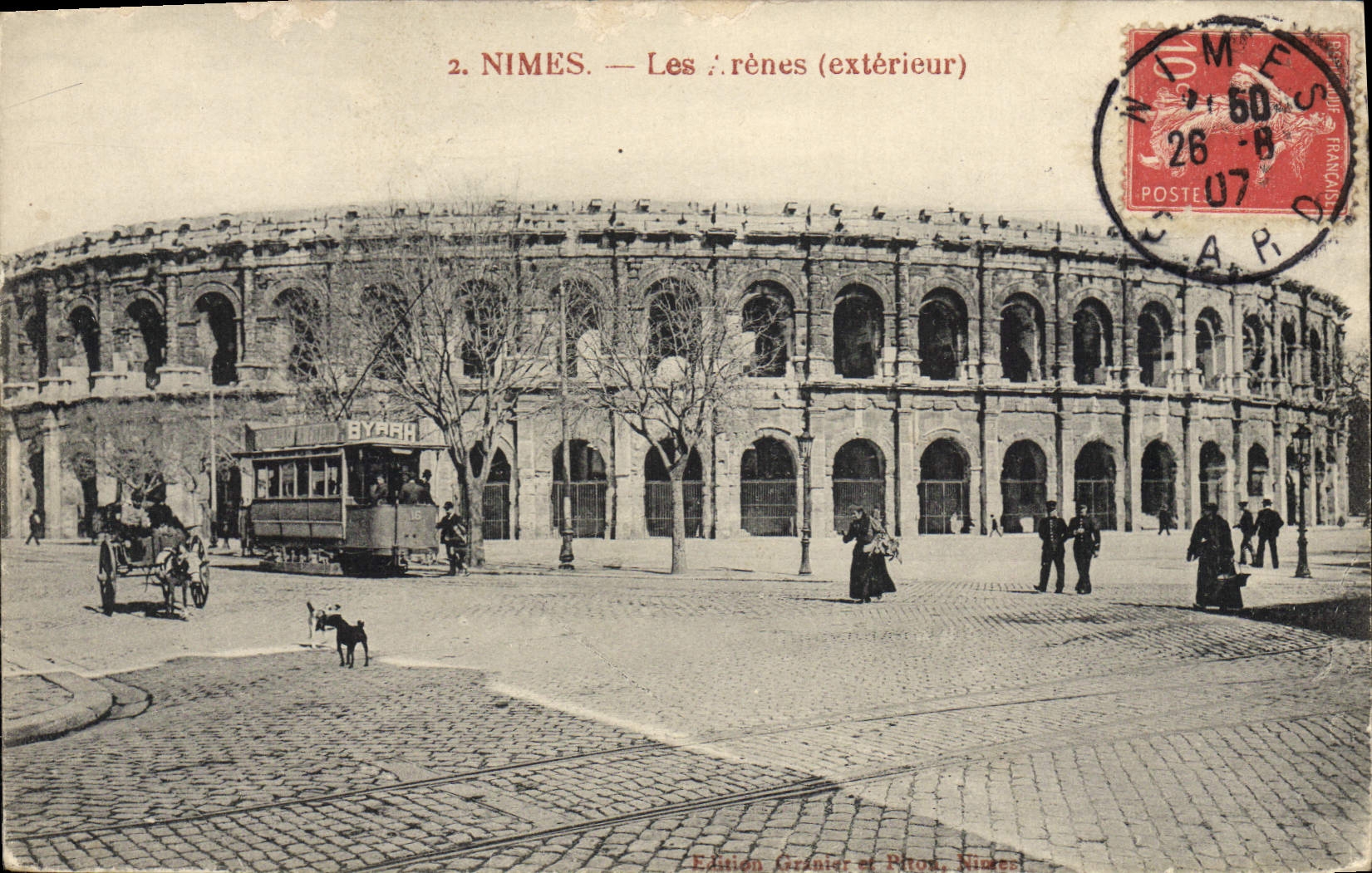 CPA Tramway Train Nimes Les arenes Exterieur Attelage Ane Mule