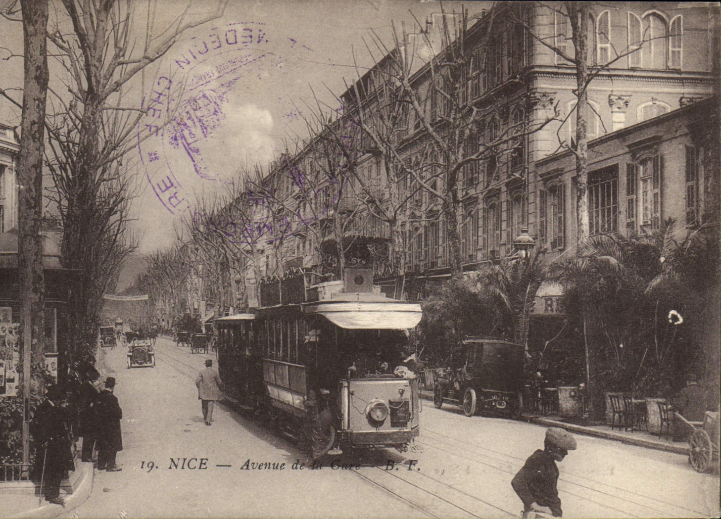 CPA Tramway Train Nice Avenue de la gare Cachet Hopital temporaire