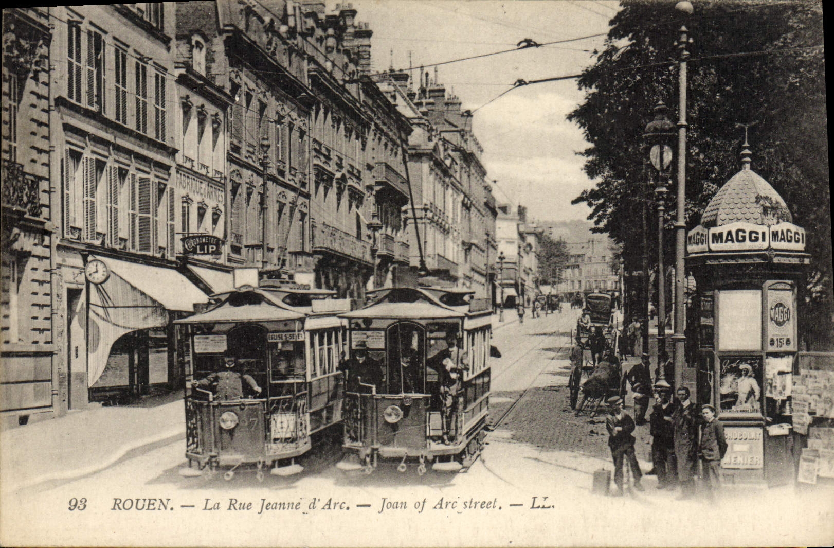 VINTAGE POSTCARD Tram Rouen Train the street Jeanne d' Arc Maggi
