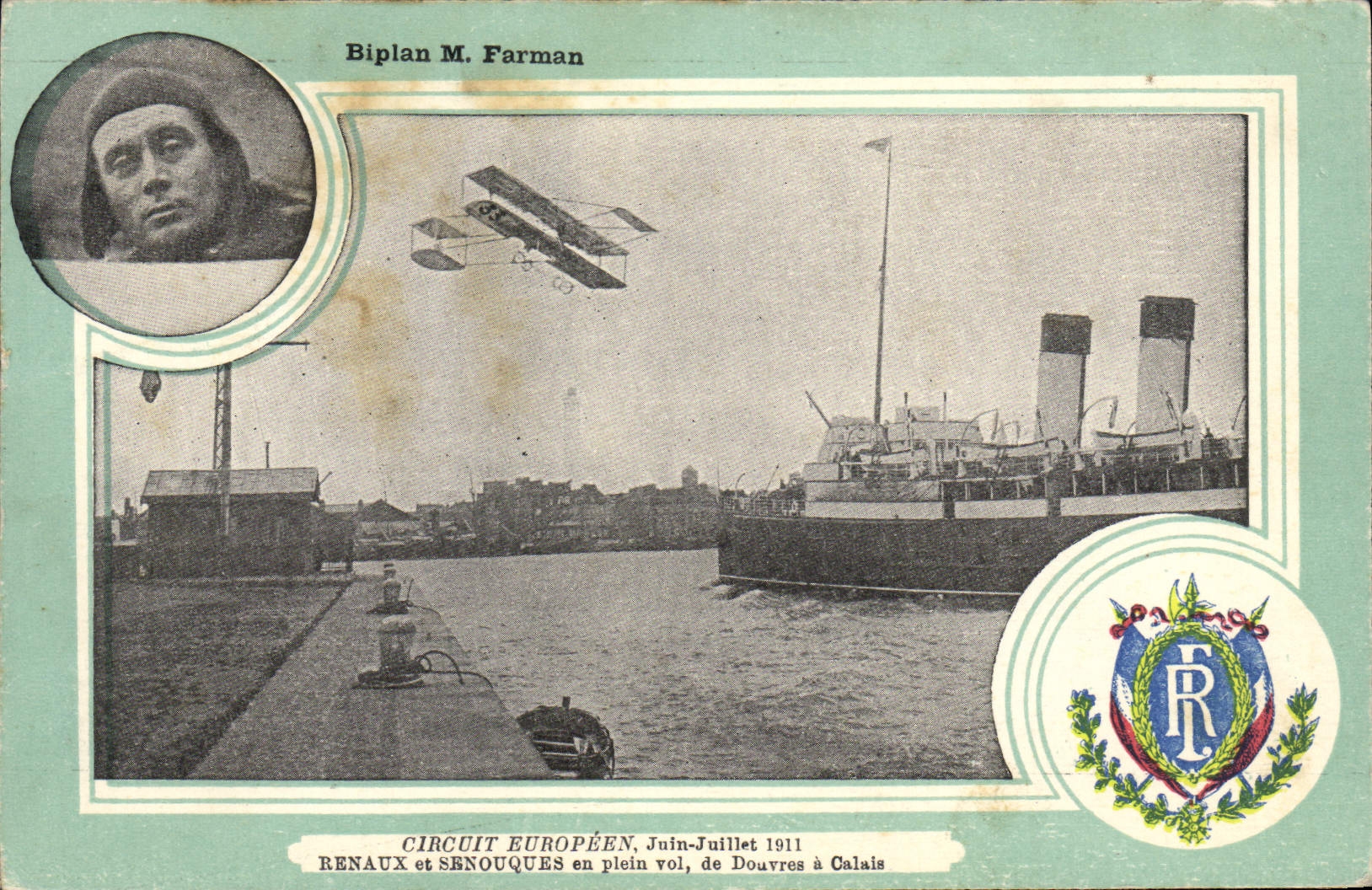 CPA Aviation Avion Biplan M Farman Circuit europeen Juin juillet 1911 Renaux et Souques en plein vol de Douvres a Calais