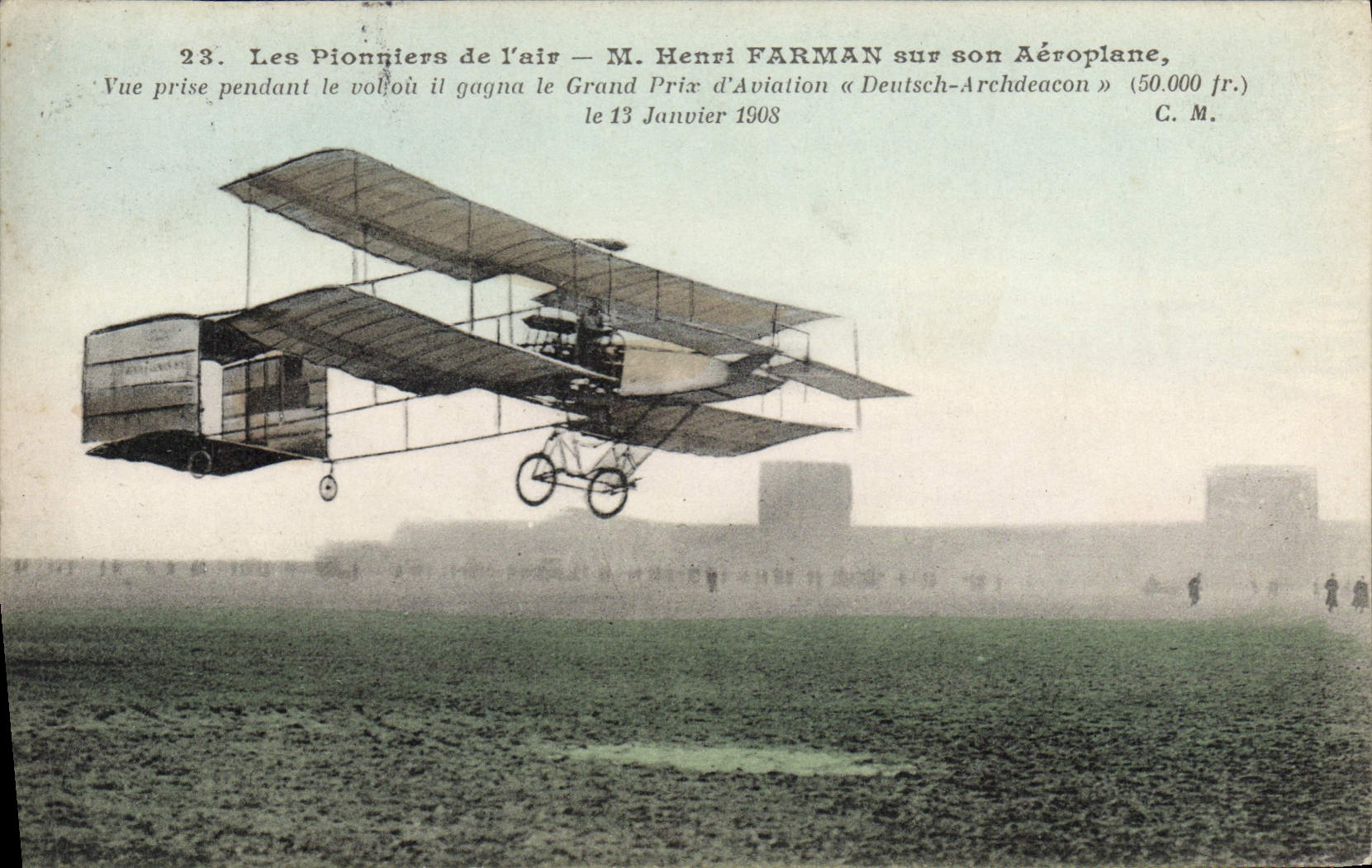 Plano Enrique Farman de la aviación de la POSTAL de la VENDIMIA en su aeroplano Prix magnífico del arcediano de Deutsch de la aviación