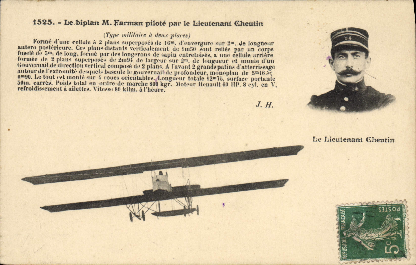 CPA Aviation Avion Biplan de M Farman pilote par le lieutenant Cheutin 