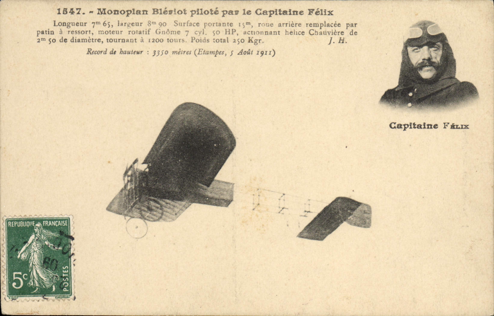 VINTAGE POSTCARD Aviation Monoplane Bleriot controls by the Felix captain