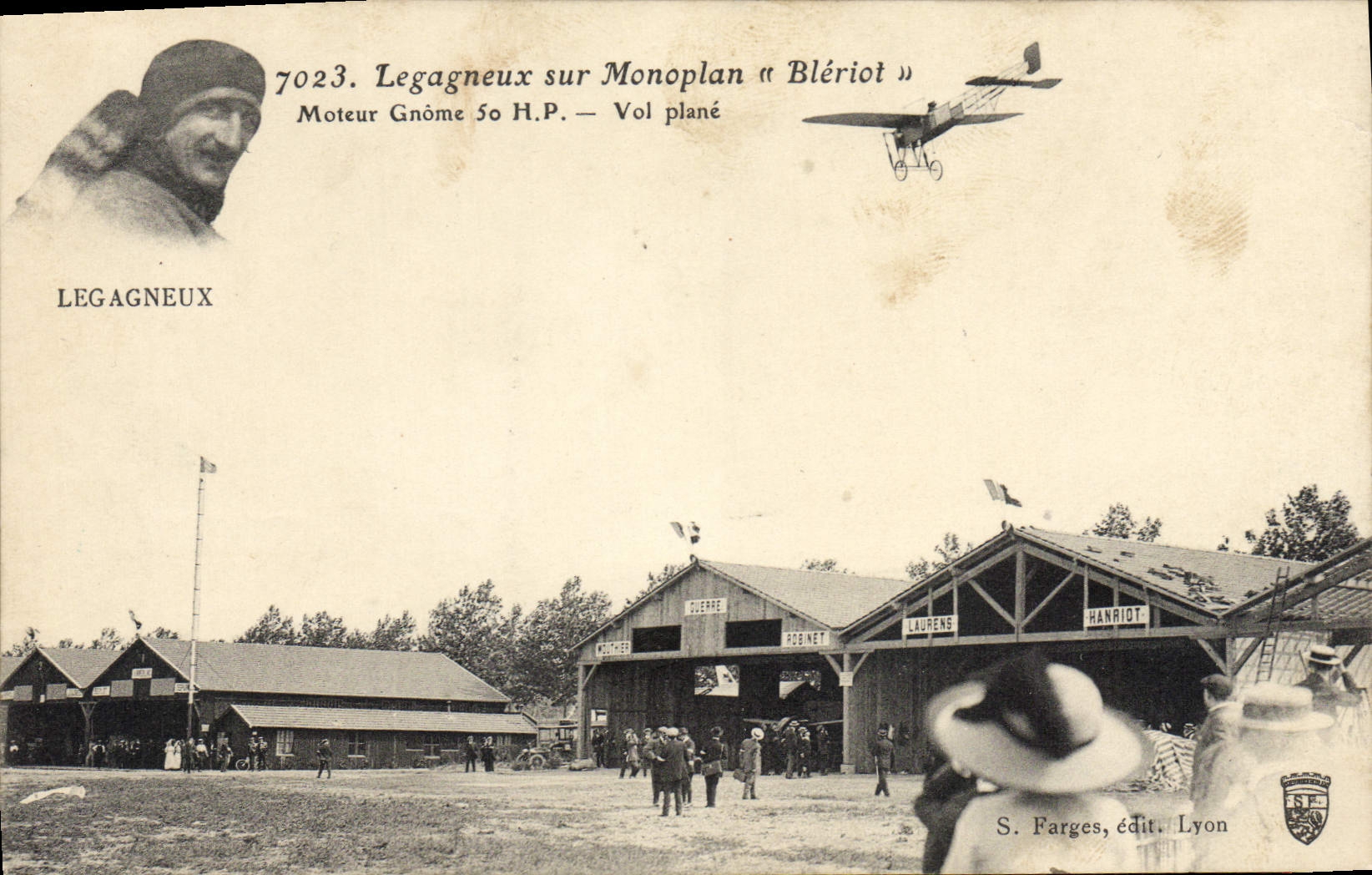 VINTAGE POSTCARD Aviation Legagneux Plane on Driving Bleriot monoplane Gnome 50 HP Gliding flight