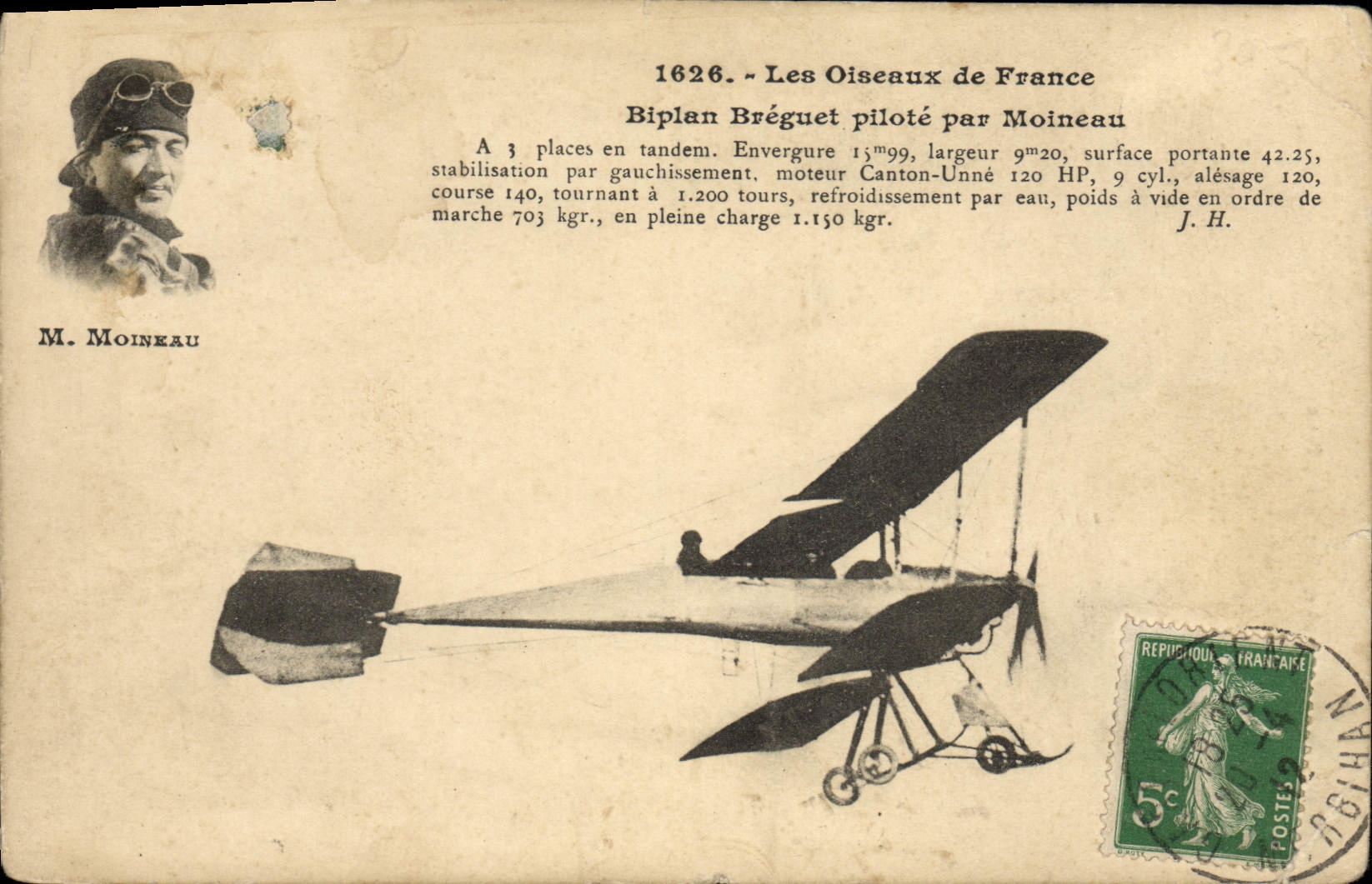 CPA Aviation Avion Biplan Breguet pilote par Moineau