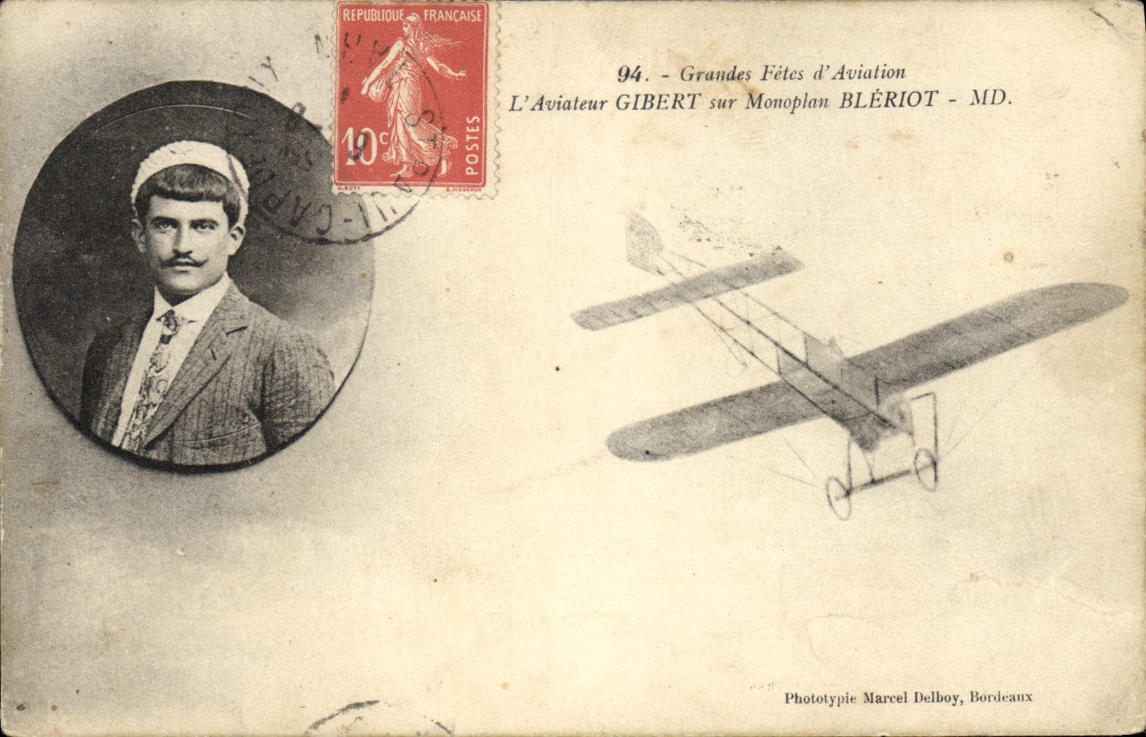 VINTAGE POSTCARD Aviation Plane Great festivals of aviation the Gibert aviator on Bleriot monoplane