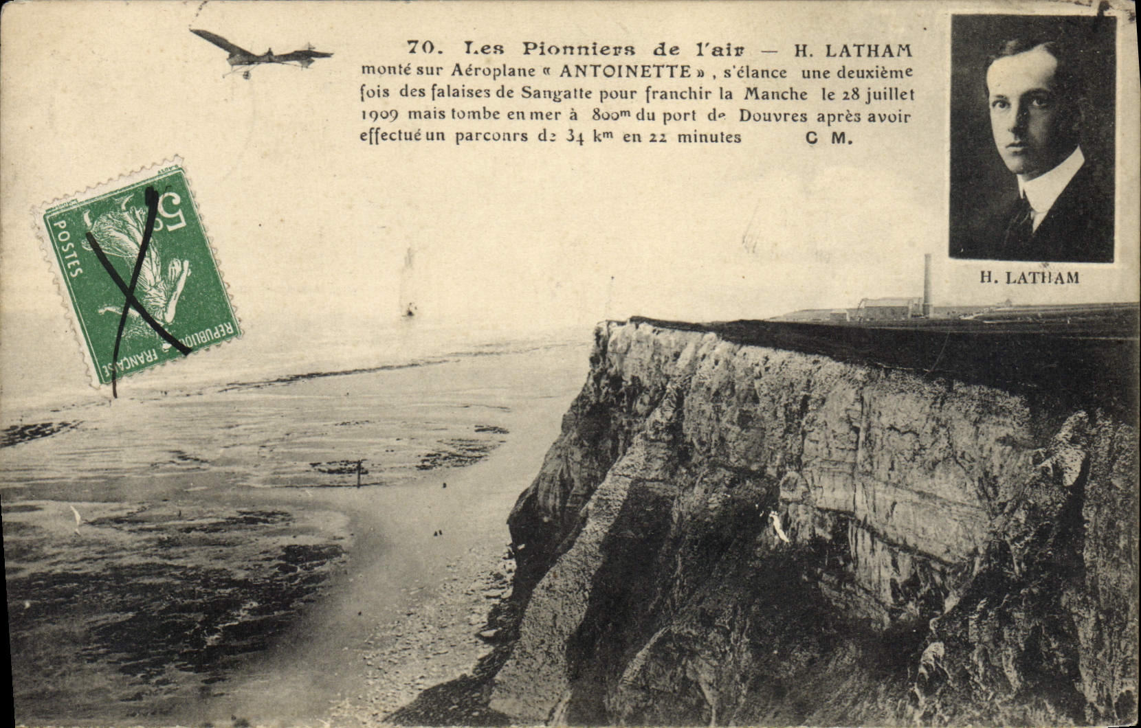 VINTAGE POSTCARD Aviation Plane latham goes up on Antoinette airplane