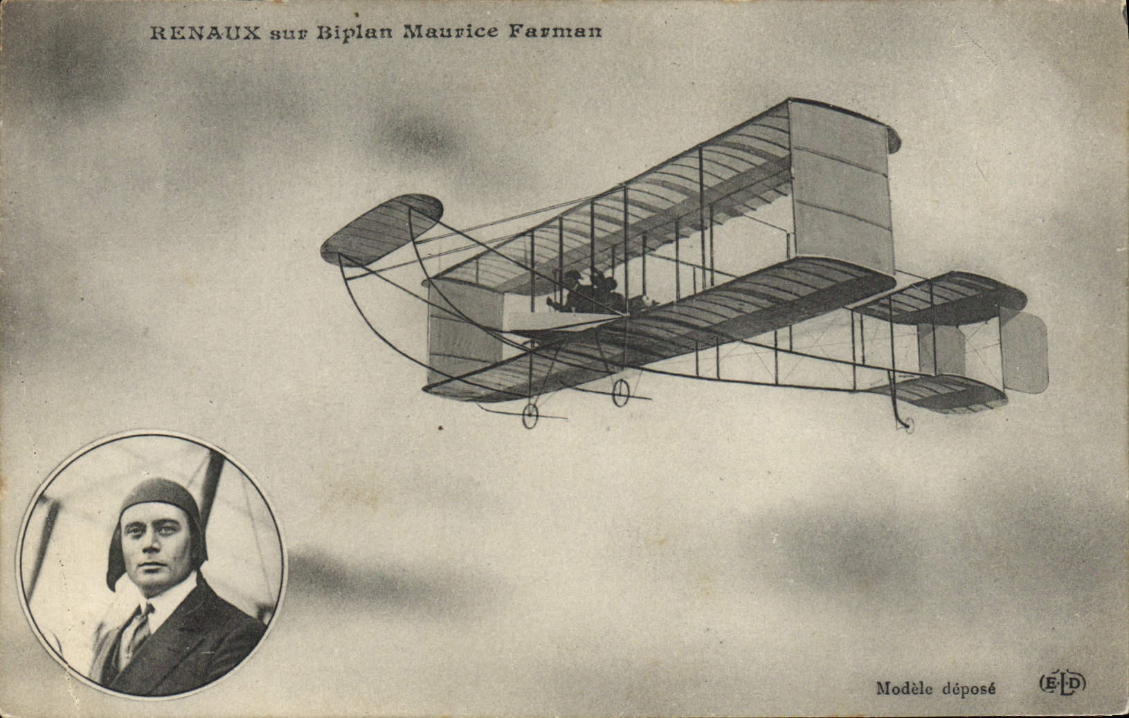 VINTAGE POSTCARD Aviation Plane Renal on biplane Maurice Farman