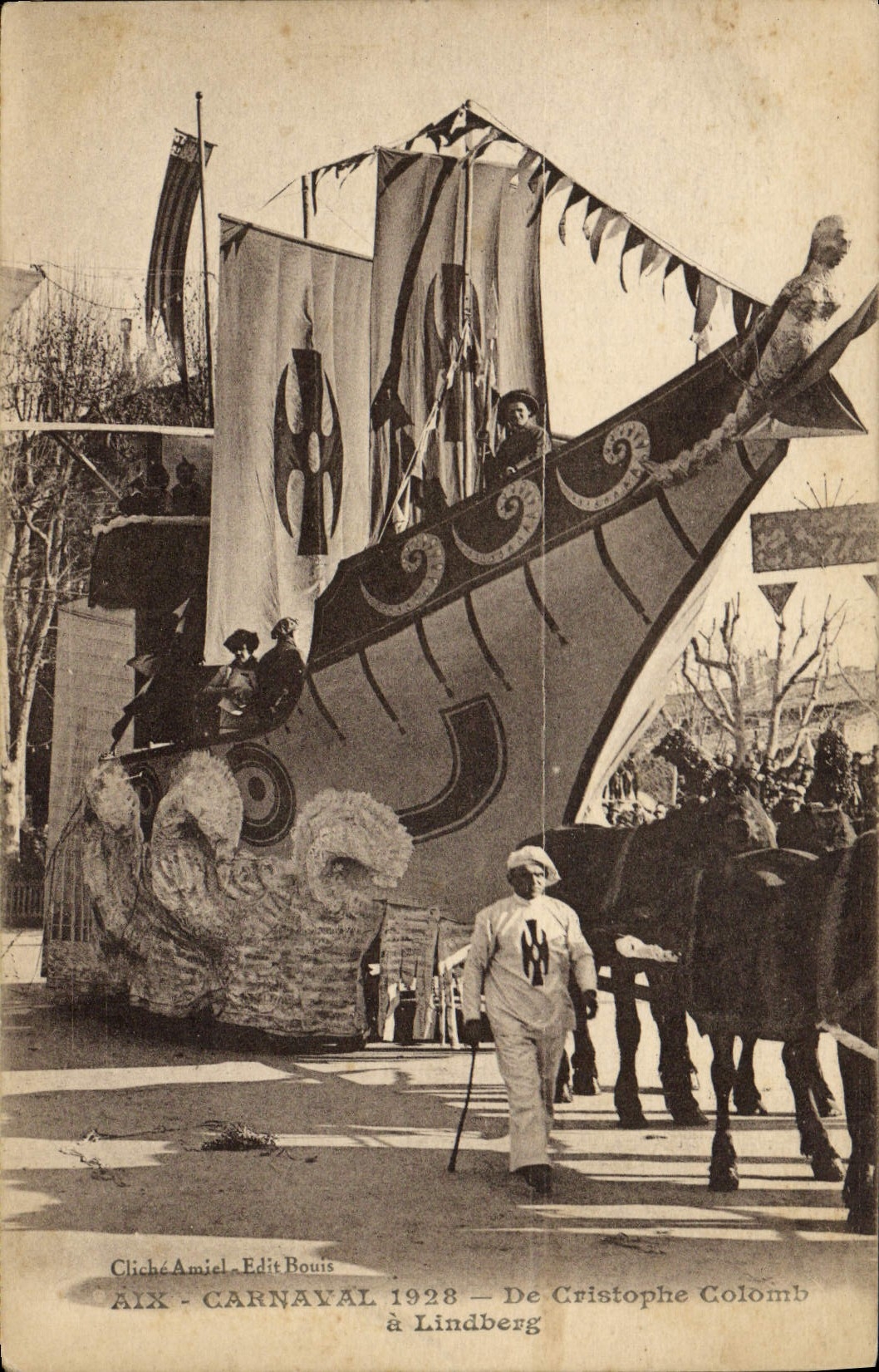 VINTAGE POSTCARD Aviation Plane Aix Carnaval of Cristophe Colomb has Lindberg Attelage Oxen Boat