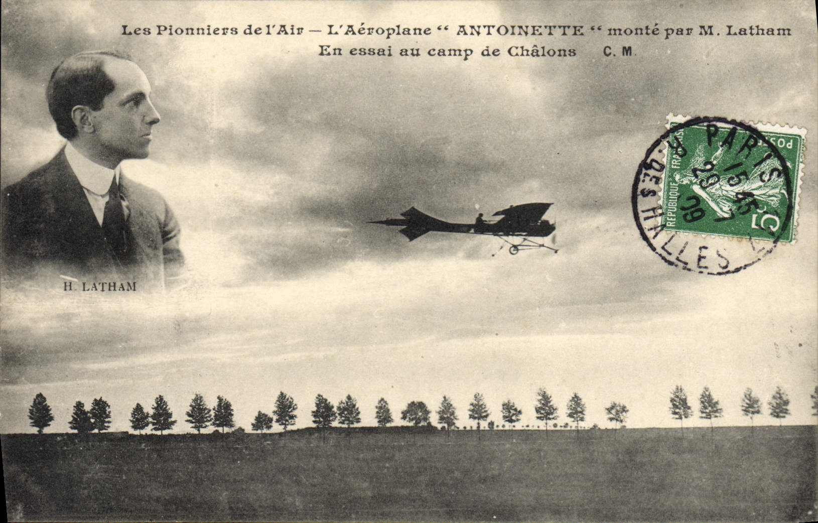 VINTAGE POSTCARD Aviation Plane Airplane Antoinette goes up by Latham Under test to the camp of Trawl-nets