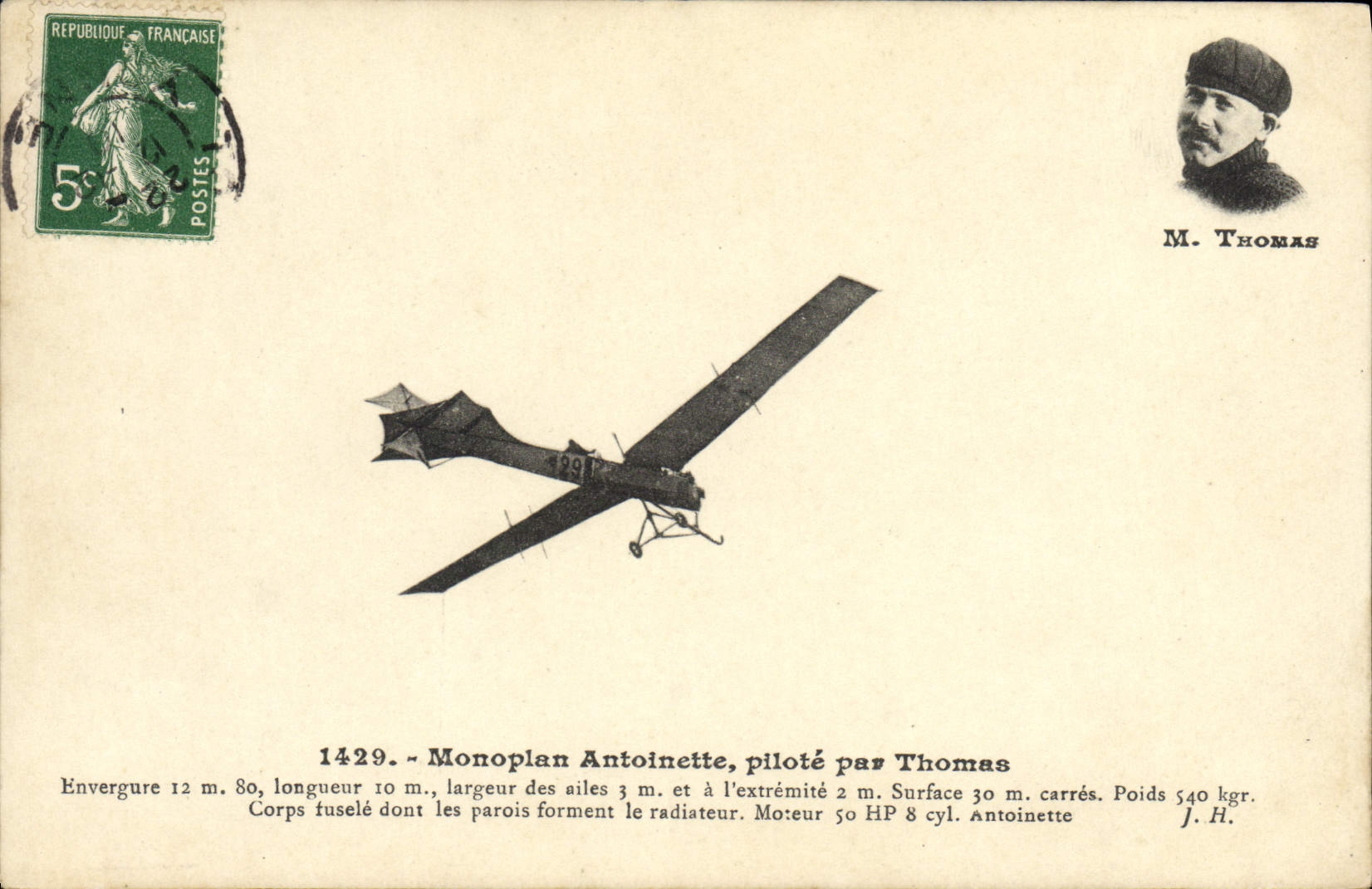 VINTAGE POSTCARD Aviation Monoplane Antoinette controls by Thomas
