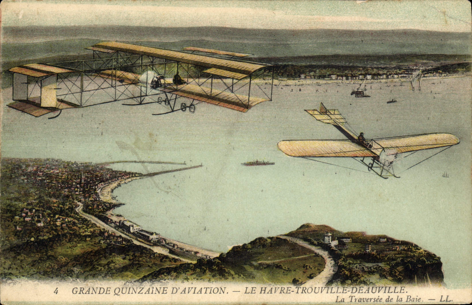 VINTAGE POSTCARD Aviation Plane Great about fifteen Le Havre Trouville Deauville the crossing Bay
