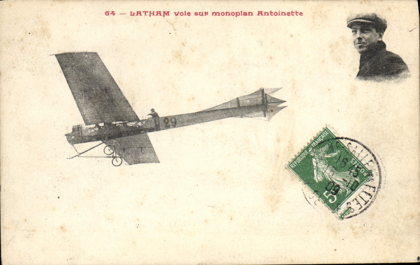 VINTAGE POSTCARD Aviation Latham Plane flies on Antoinette monoplane