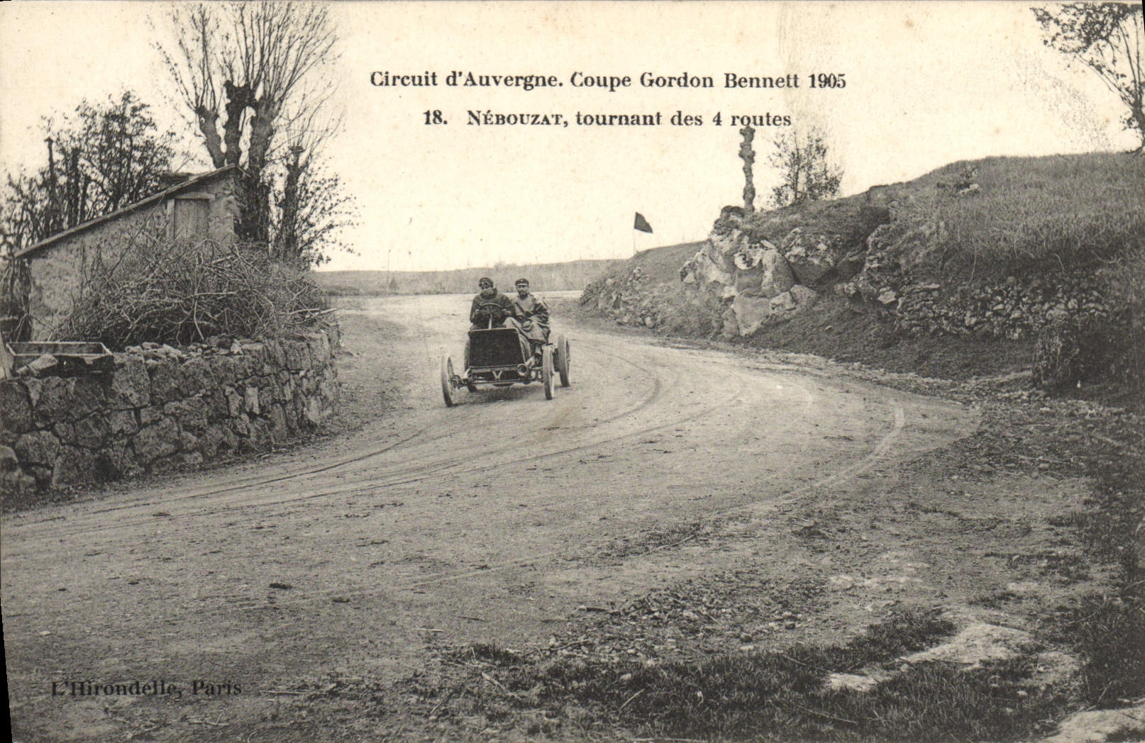 VINTAGE POSTCARD Automobile Circuit of Auvergne cuts Gordon Bennett 1905 Nebouzat turning of the 4 roads