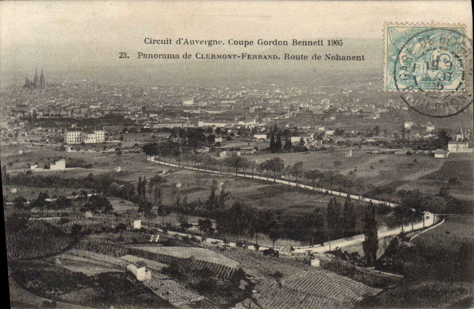 El circuito del automóvil de la POSTAL de la VENDIMIA de Auvergne corta el panorama 1905 de Gordon Bennett de la ruta de Clermont-Ferrand de Nohanent