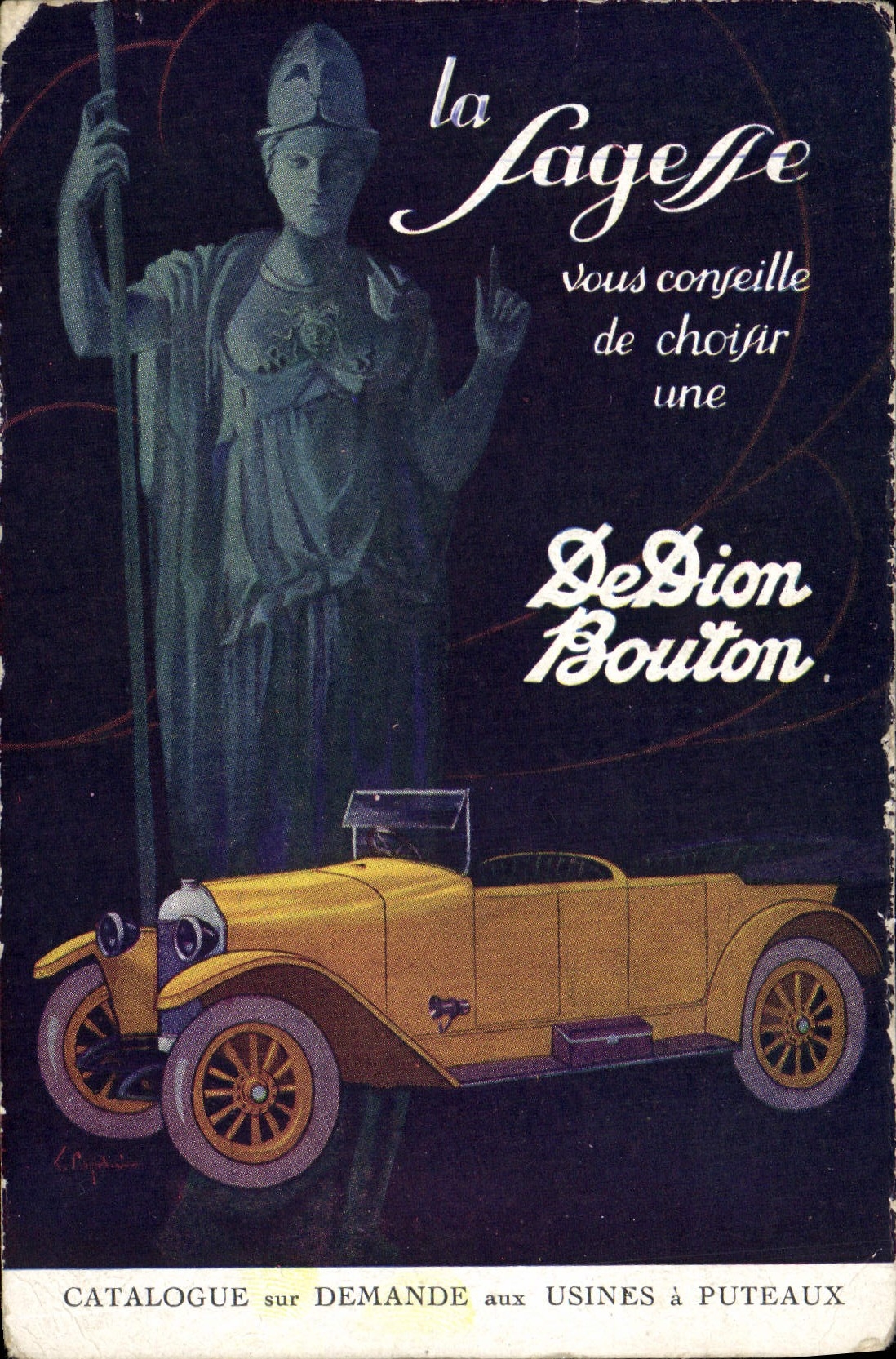 VINTAGE POSTCARD Automobile Wisdom Dion Puteaux Button