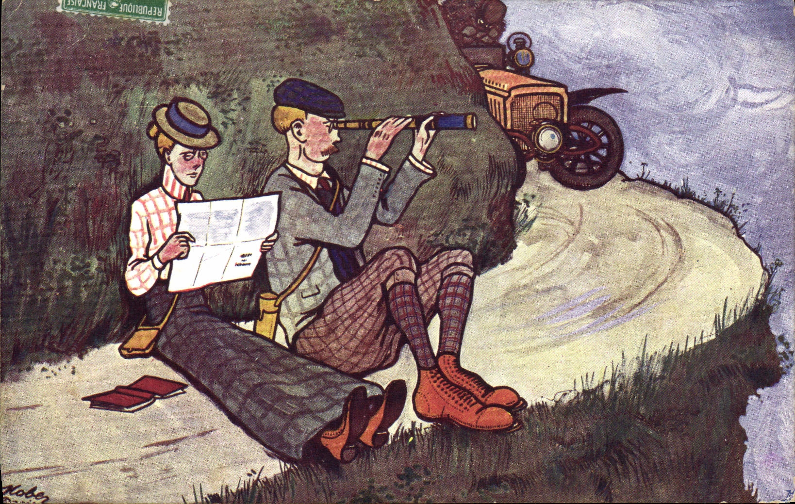CPA Automobile Illustrateur Longue vue 
