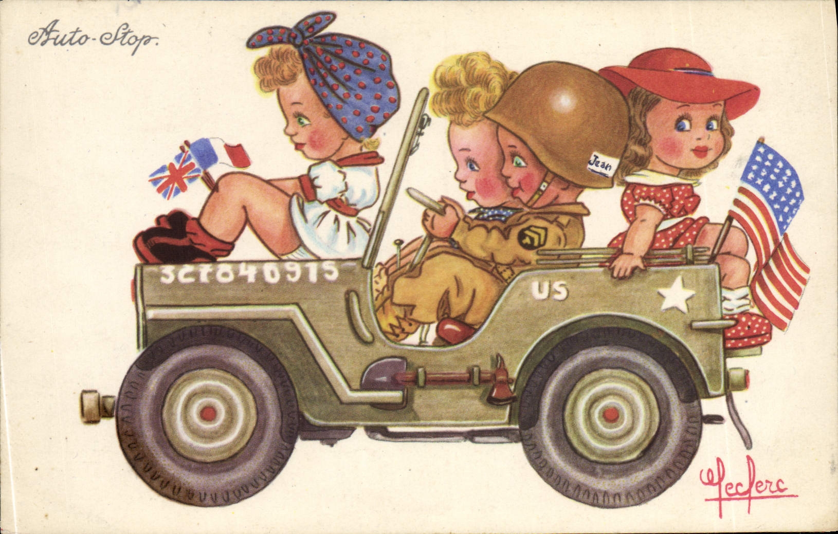 VINTAGE POSTCARD Automobile Children Jeppe Leclerc US Army