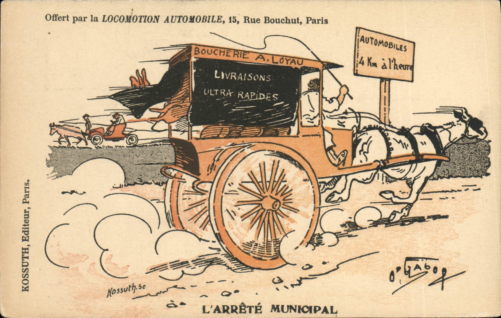 CPA Automobile Arrete municipal Illustrateur Cheval Boucherie Loyau