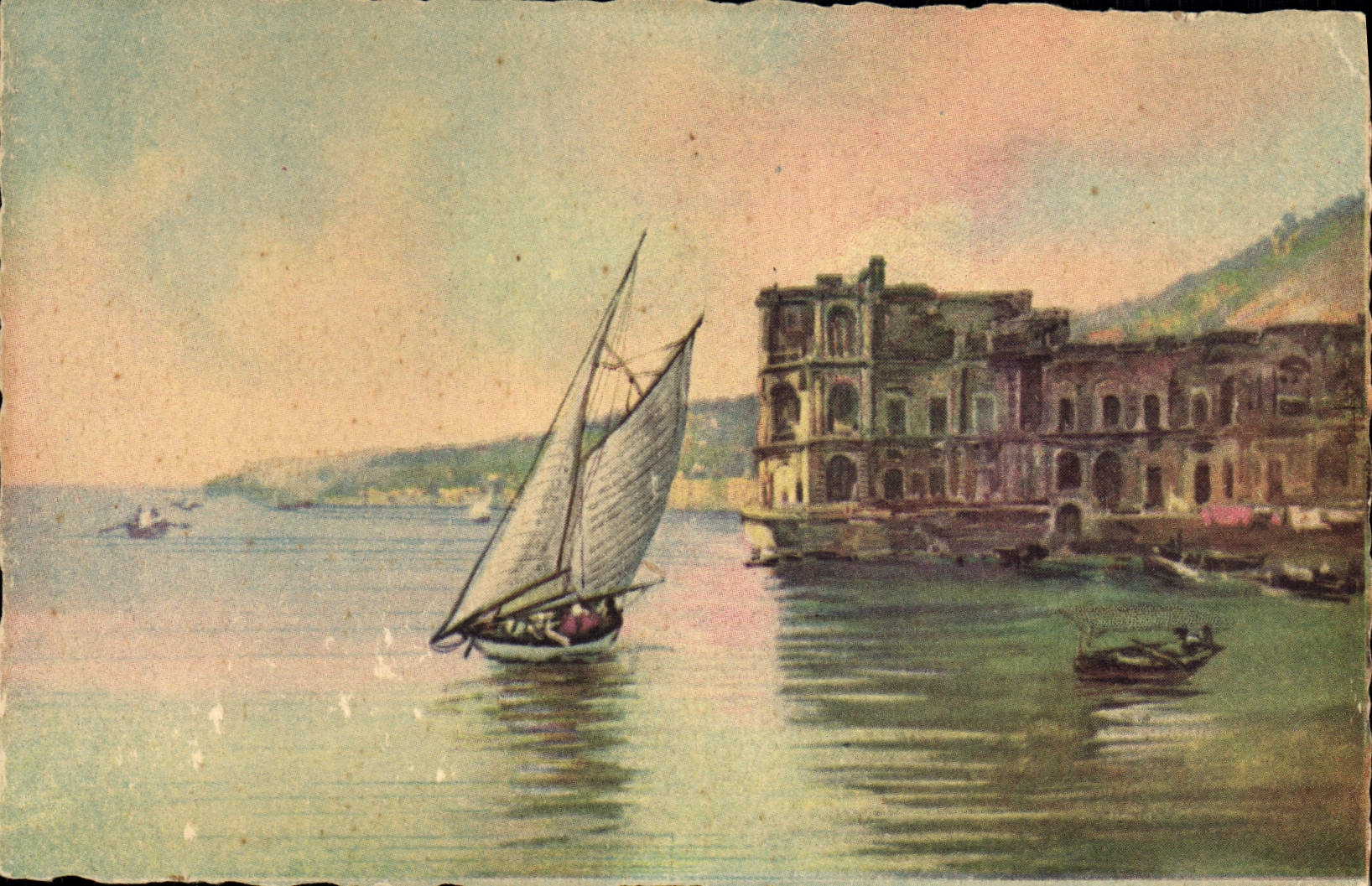 CPA Illustrateur Napoli Palazzo Donn Anna Bateau Voilier