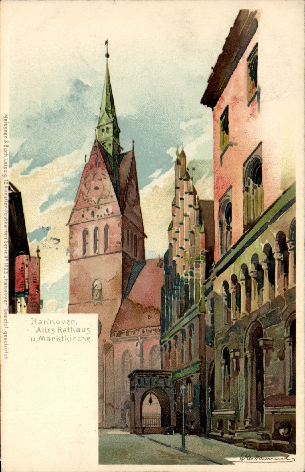 VINTAGE POSTCARD Illustrator Hannover Altes Rathaus U Marktkirche