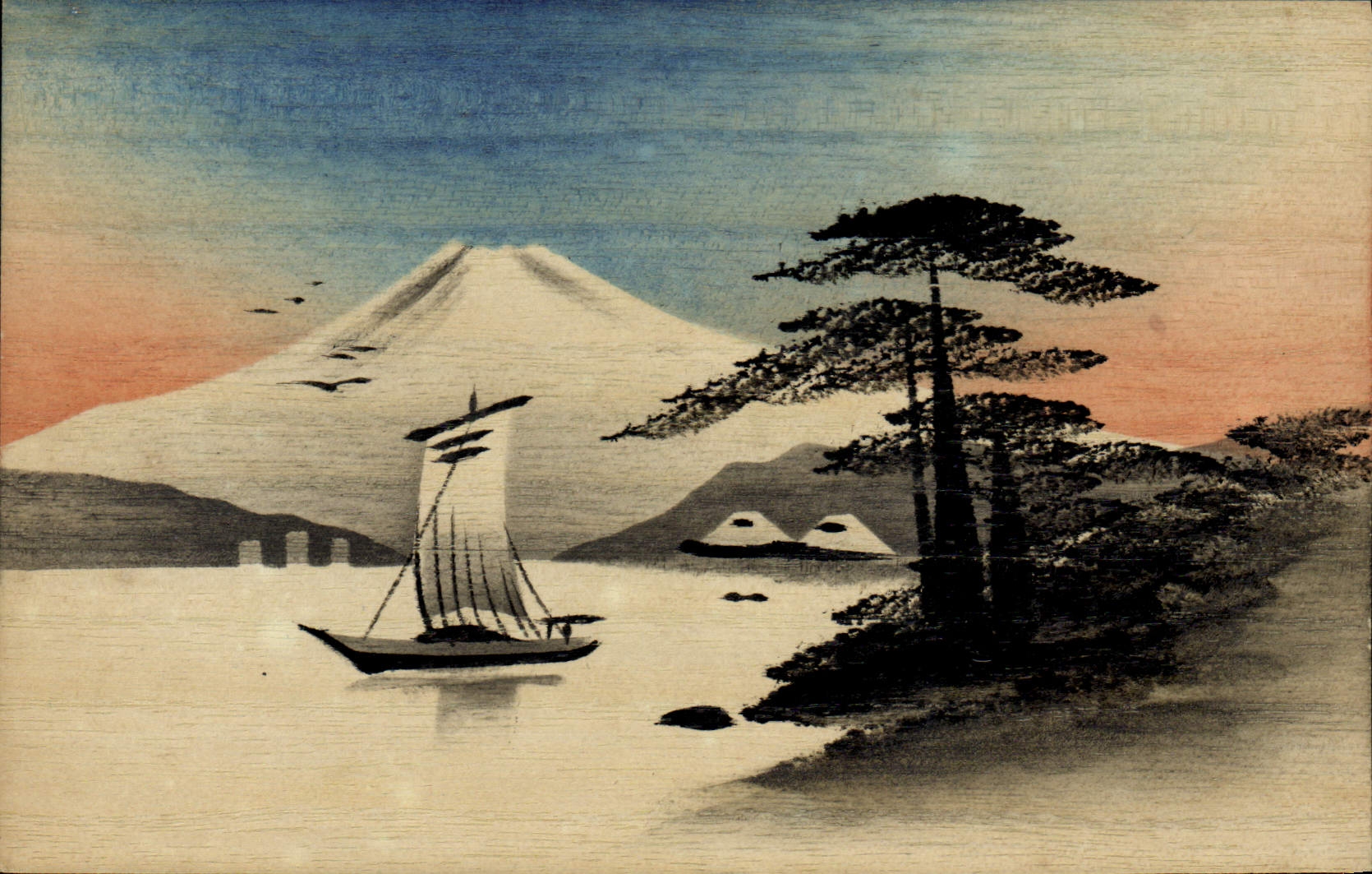 VINTAGE POSTCARD of Japanese Japan wood Boat Landscape