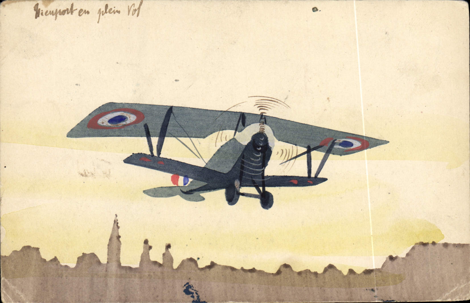 VINTAGE POSTCARD Plane Nieuport Aviation in flight (drawing with the hand)