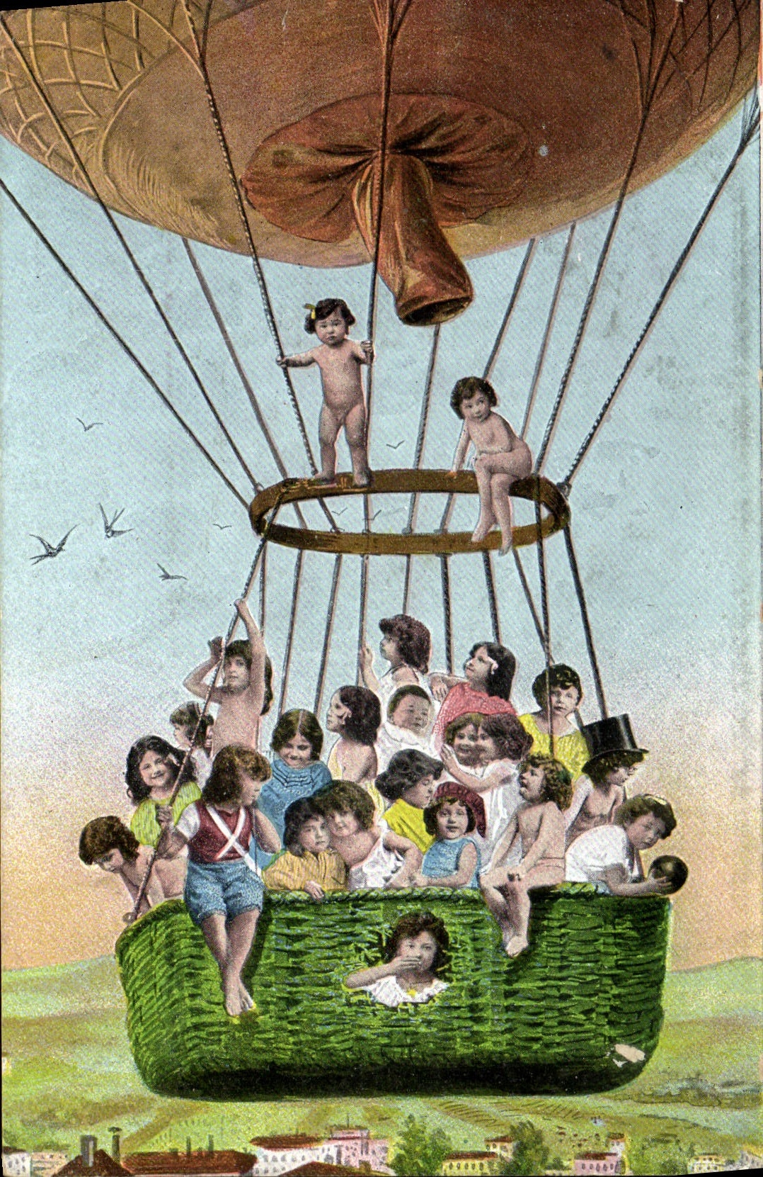 VINTAGE POSTCARD Plane Aviation Children Airship