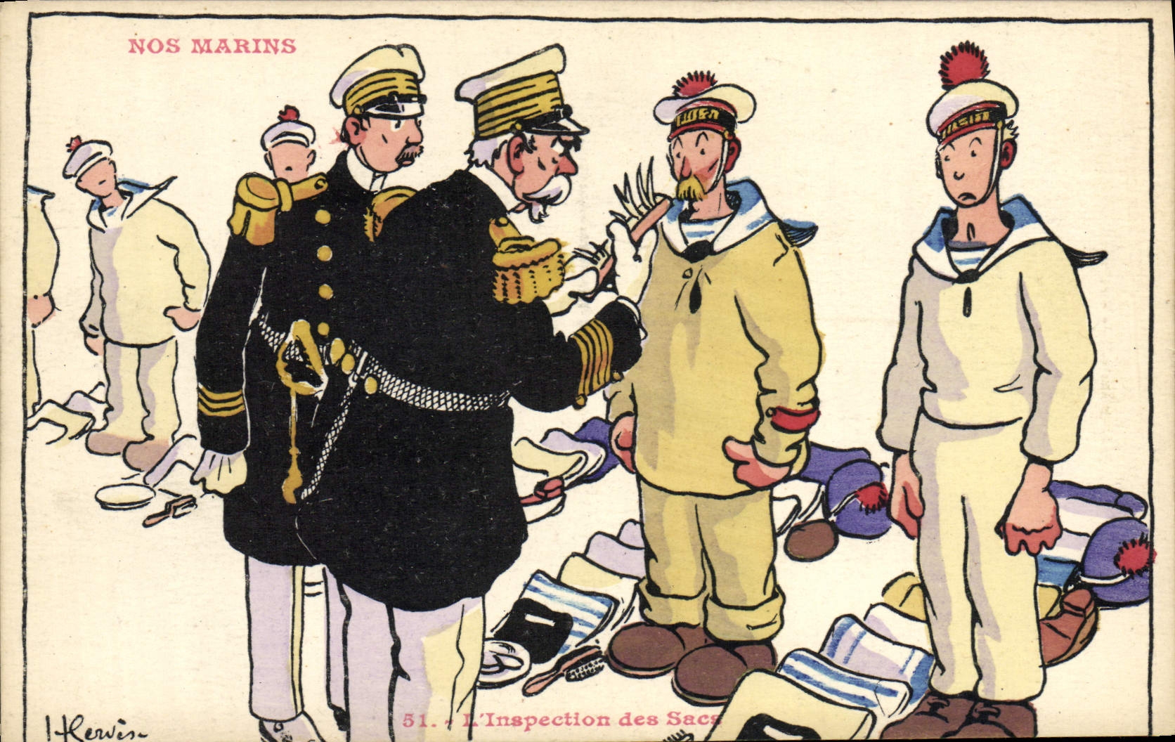 Ilustrador de Gervese de la POSTAL de la VENDIMIA nuestra inspección de los marineros de los bolsos