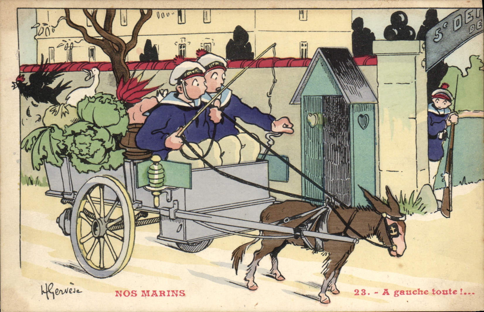 Ilustrador de Gervese de la POSTAL de la VENDIMIA nuestros marineros con la izquierda cualquie mula del asno