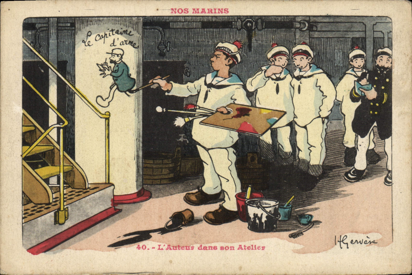 Ilustrador de Gervese de la POSTAL de la VENDIMIA nuestros marineros el autor en su pintura del pintor del taller