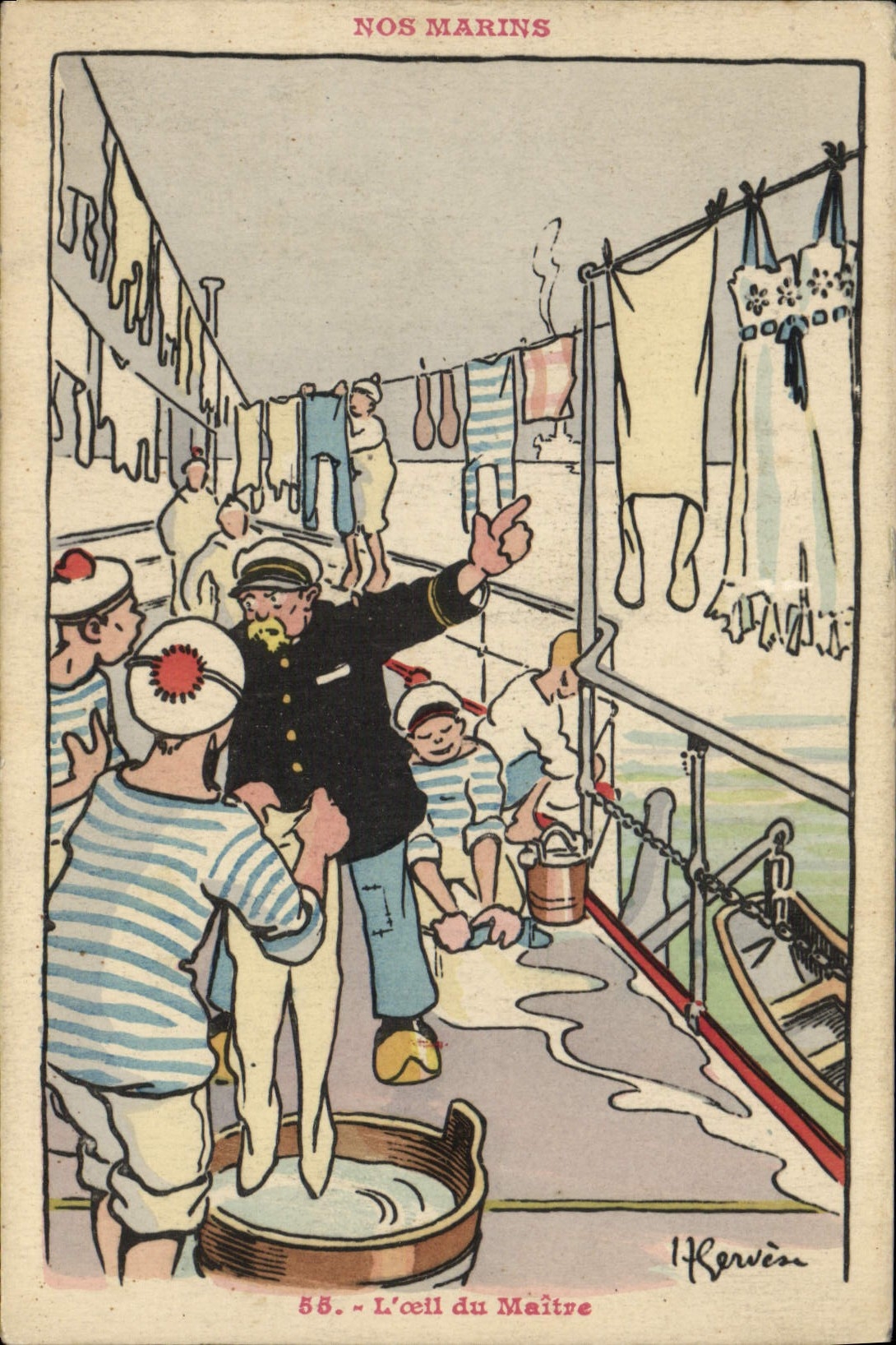 Ilustrador de Gervese de la POSTAL de la VENDIMIA nuestros marineros el ojo del amo