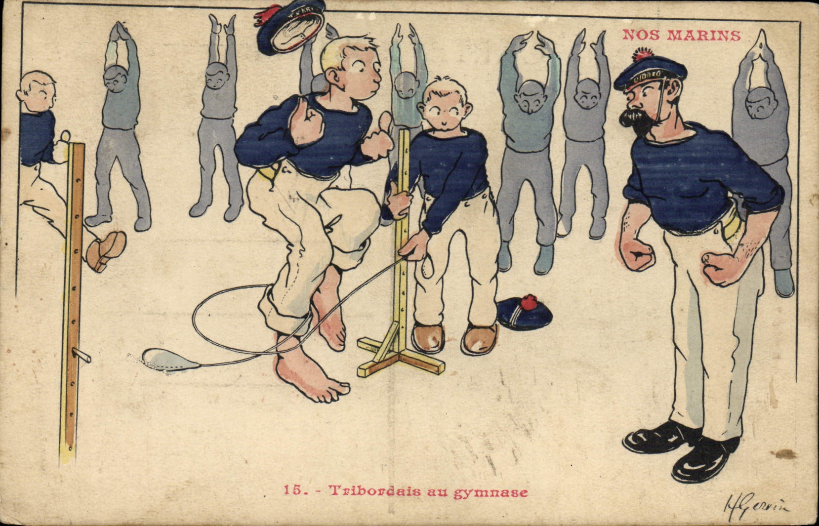 Ilustrador de Gervese de la POSTAL de la VENDIMIA nuestros marineros de Tribordais en gimnasio gimnástico