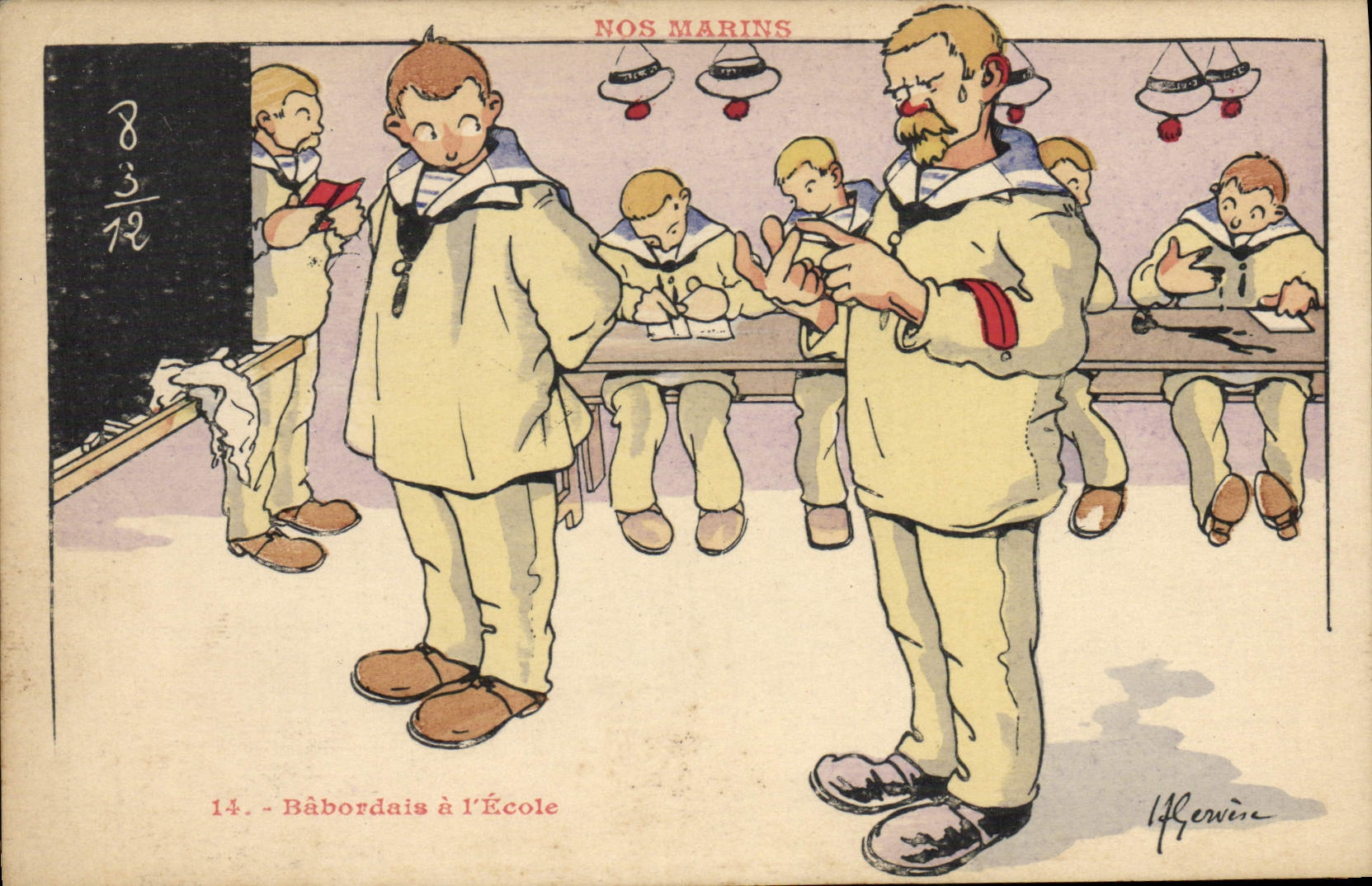 Ilustrador de Gervese de la POSTAL de la VENDIMIA nuestros marineros principales de Babordais en la escuela