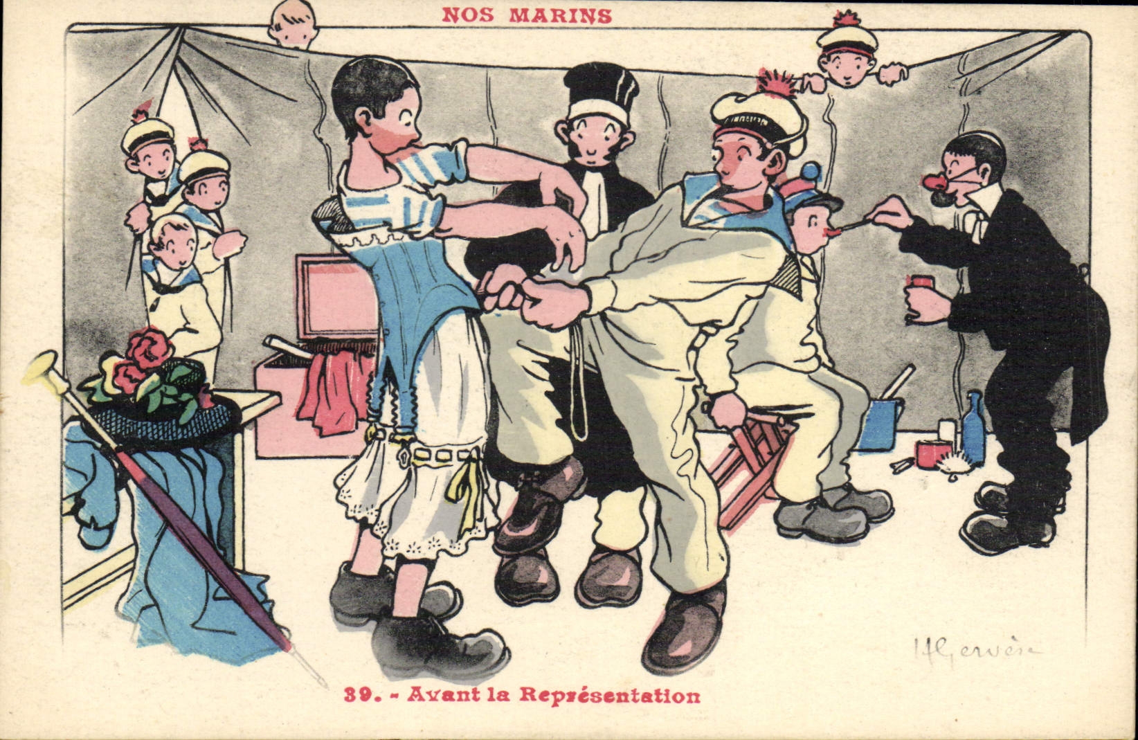 Ilustrador de Gervese de la POSTAL de la VENDIMIA nuestros marineros antes de la representación