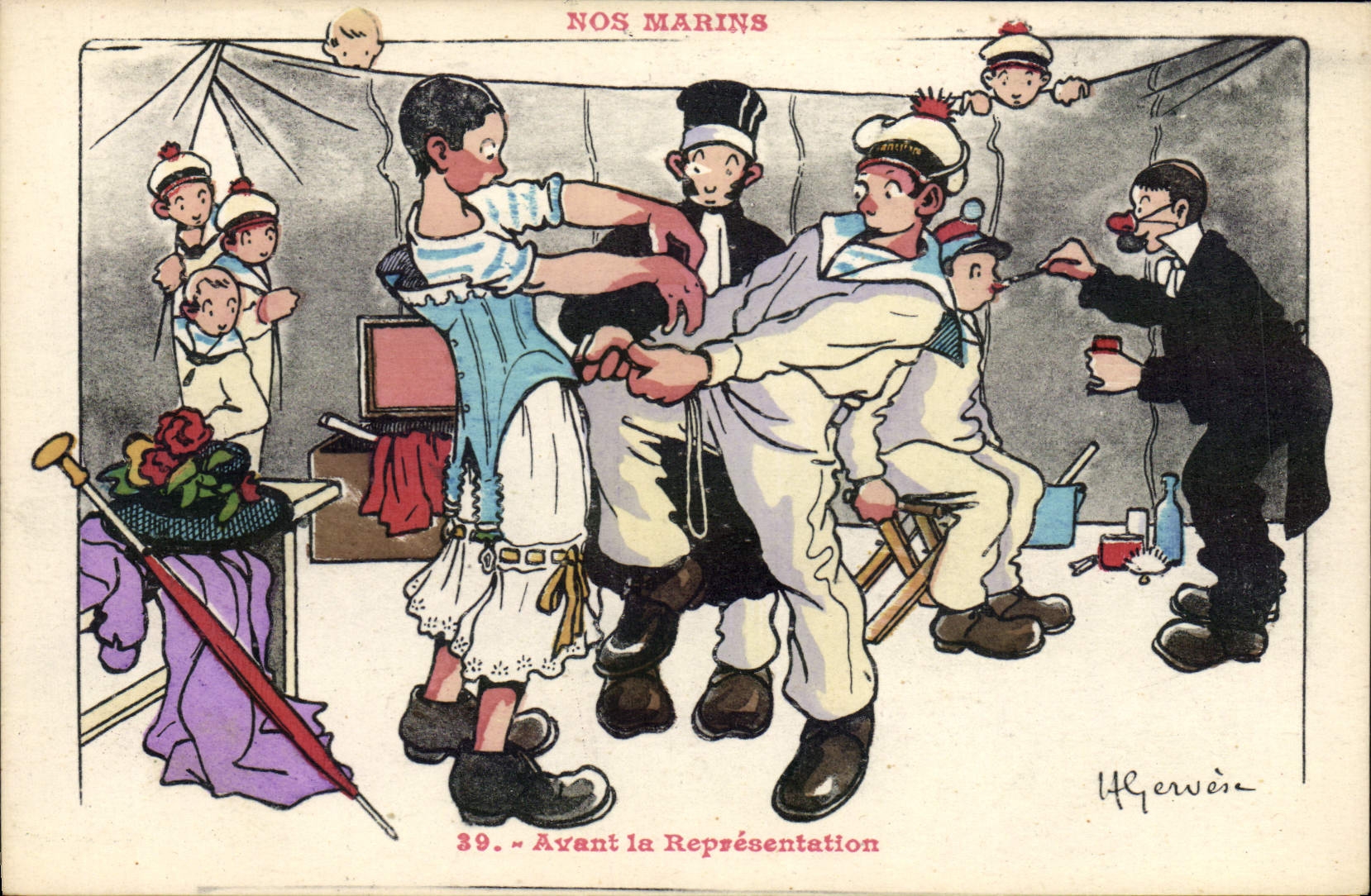 CPA Illustrateur Gervese Nos Marins Avant la representation