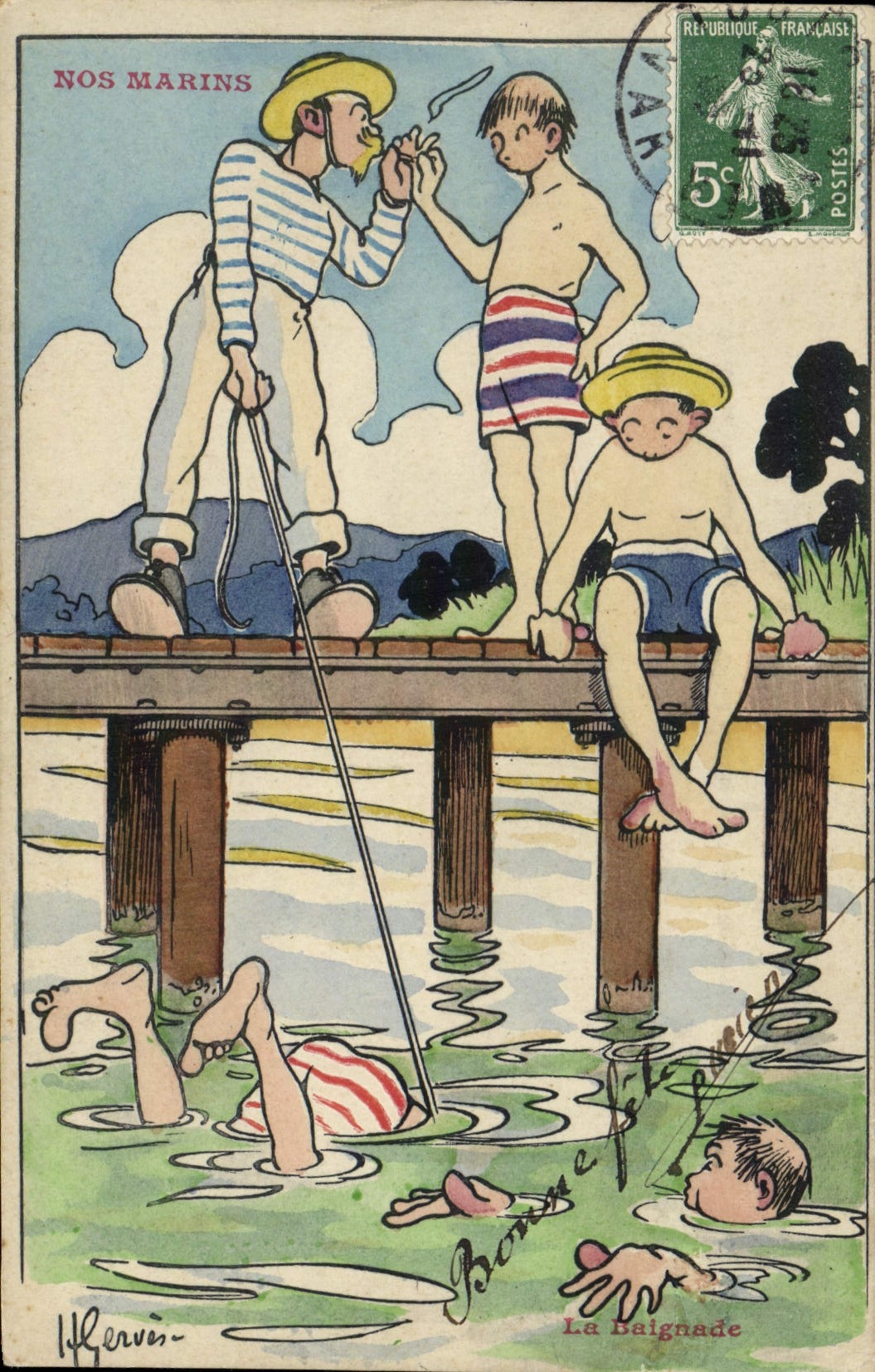 CPA Illustrateur Gervese Nos Marins La baignade
